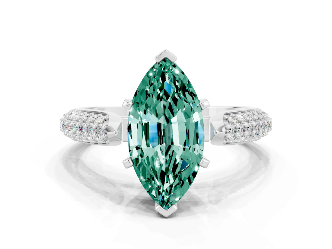 White gold Marquise Cut Diamond Solitaire Engagement Ring with Pavé Band and Four-Prong Setting
