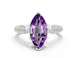 White gold Marquise Cut Diamond Solitaire Engagement Ring with Pavé Band and Four-Prong Setting