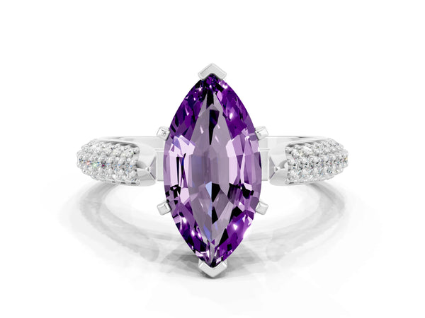 Silver Marquise Cut Amethyst Solitaire Engagement Ring with Multi-Row Round Pavé Band and Prong Setting