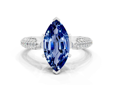 White gold Marquise Cut Diamond Solitaire Engagement Ring with Pavé Band and Four-Prong Setting