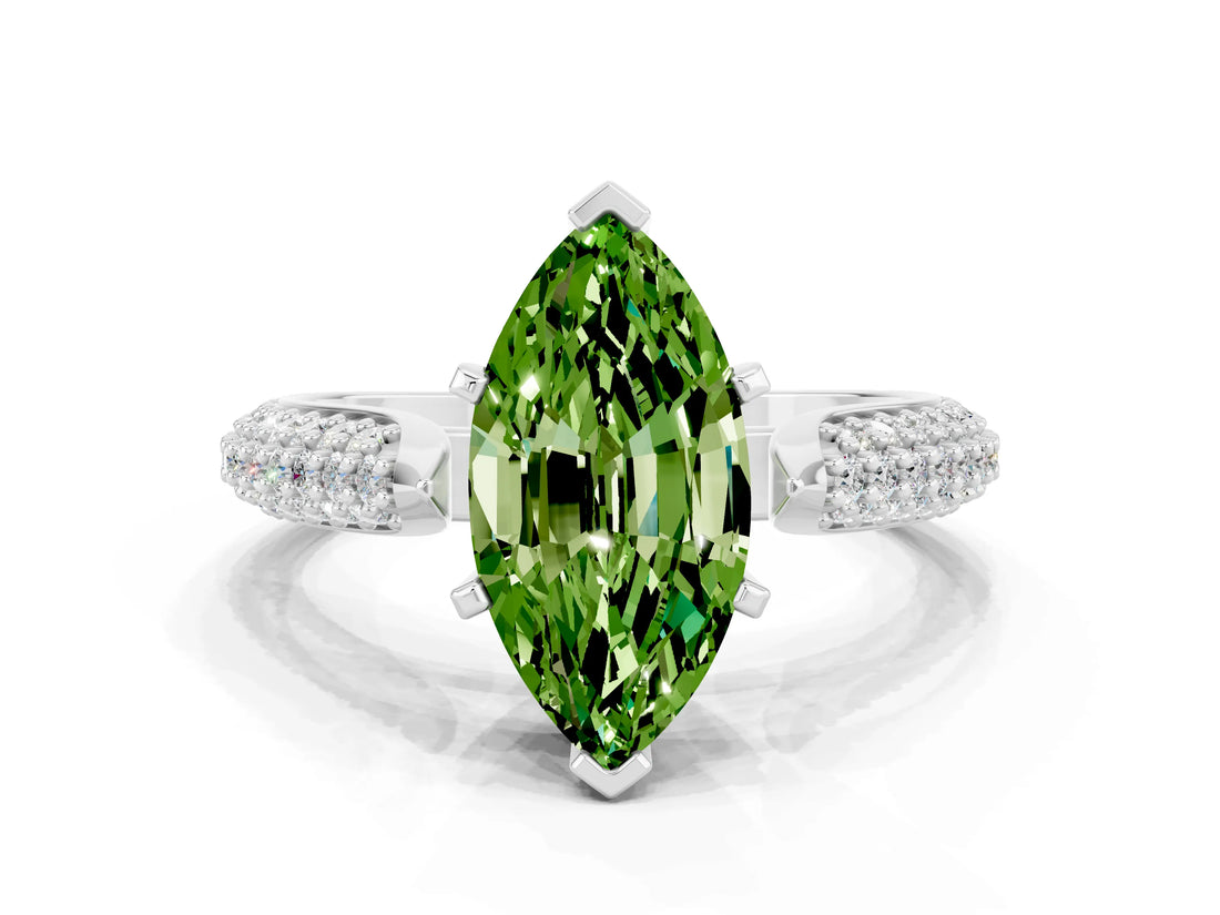 White gold Marquise Cut Diamond Solitaire Engagement Ring with Pavé Band and Four-Prong Setting