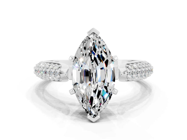 Silver Marquise Cut Moissanite Solitaire Engagement Ring with Multi-Row Round Pavé Band and Prong Setting