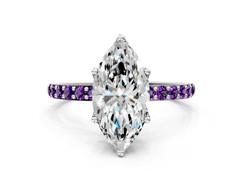 White gold Marquise Cut Diamond Solitaire Engagement Ring with Round with Amethyst side stone Pavé Band and Prong Setting_12