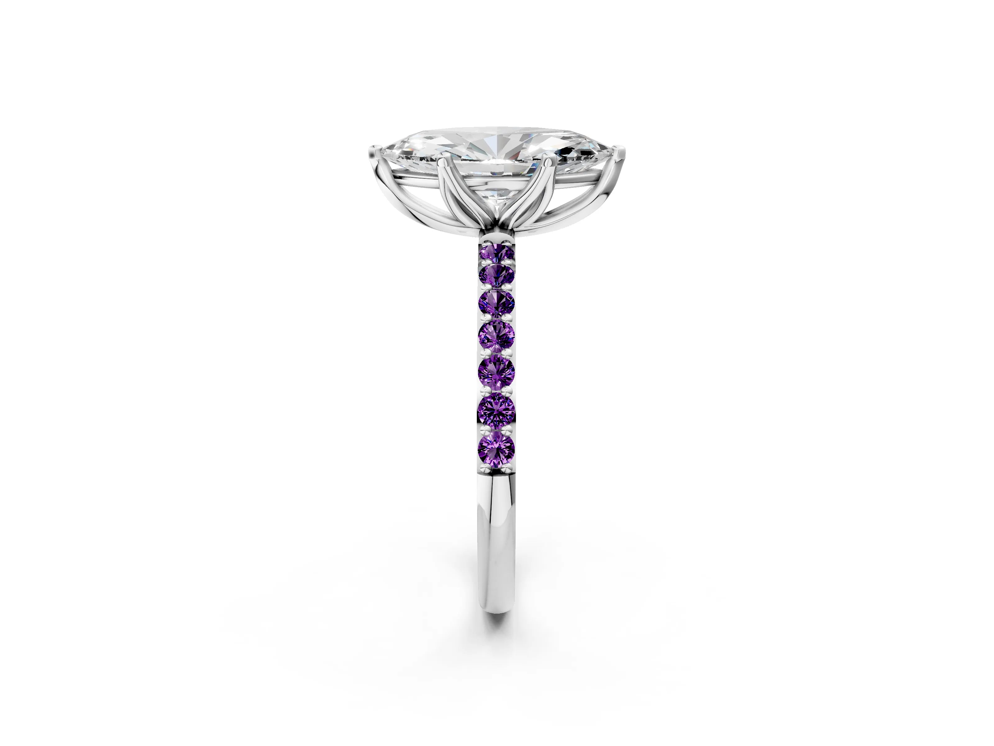 White gold Marquise Cut Diamond Solitaire Engagement Ring with Round with Amethyst side stone Pavé Band and Prong Setting_14