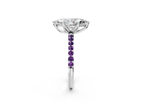 White gold Marquise Cut Diamond Solitaire Engagement Ring with Round with Amethyst side stone Pavé Band and Prong Setting_14