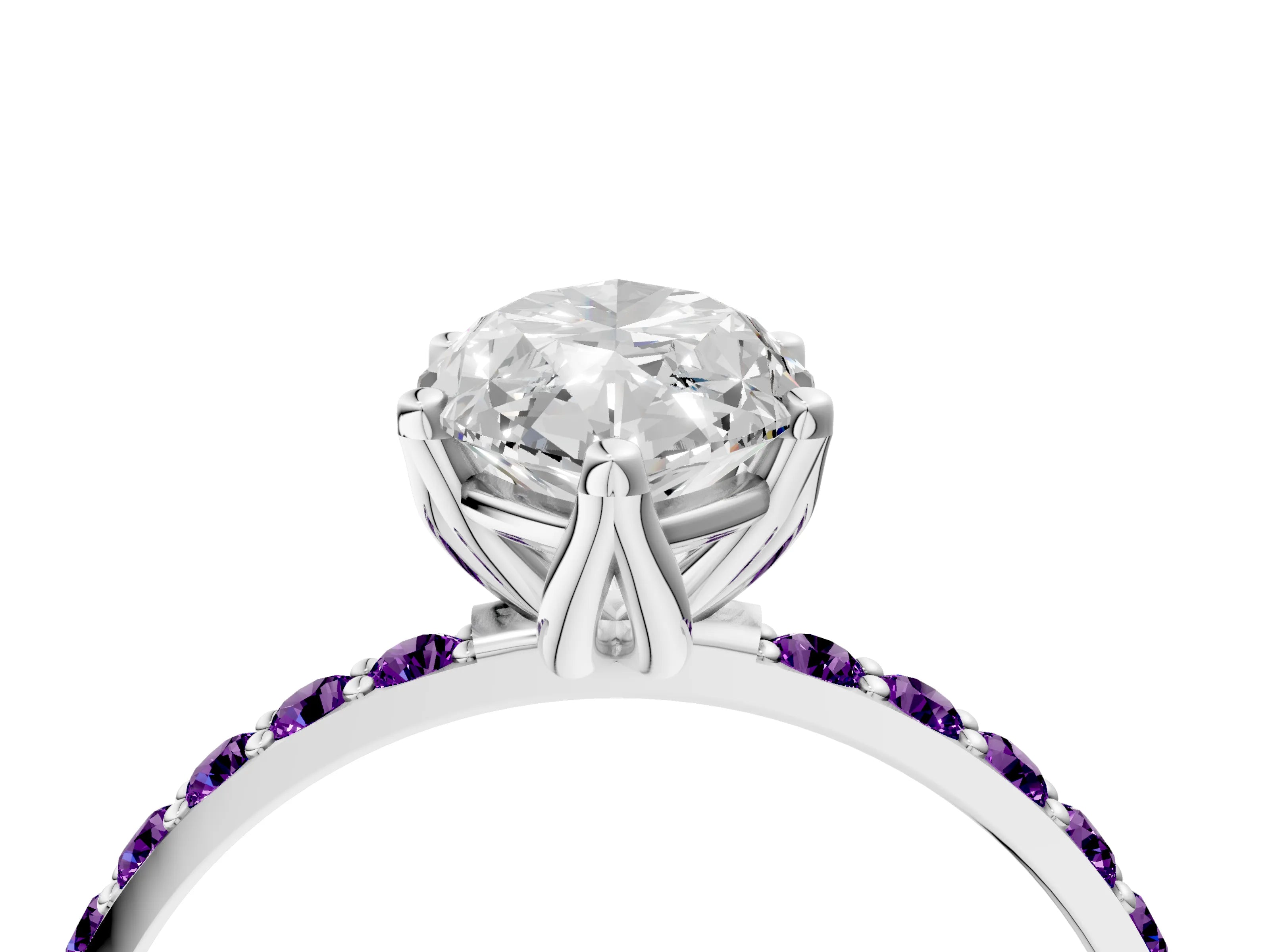 White gold Marquise Cut Diamond Solitaire Engagement Ring with Round with Amethyst side stone Pavé Band and Prong Setting_16