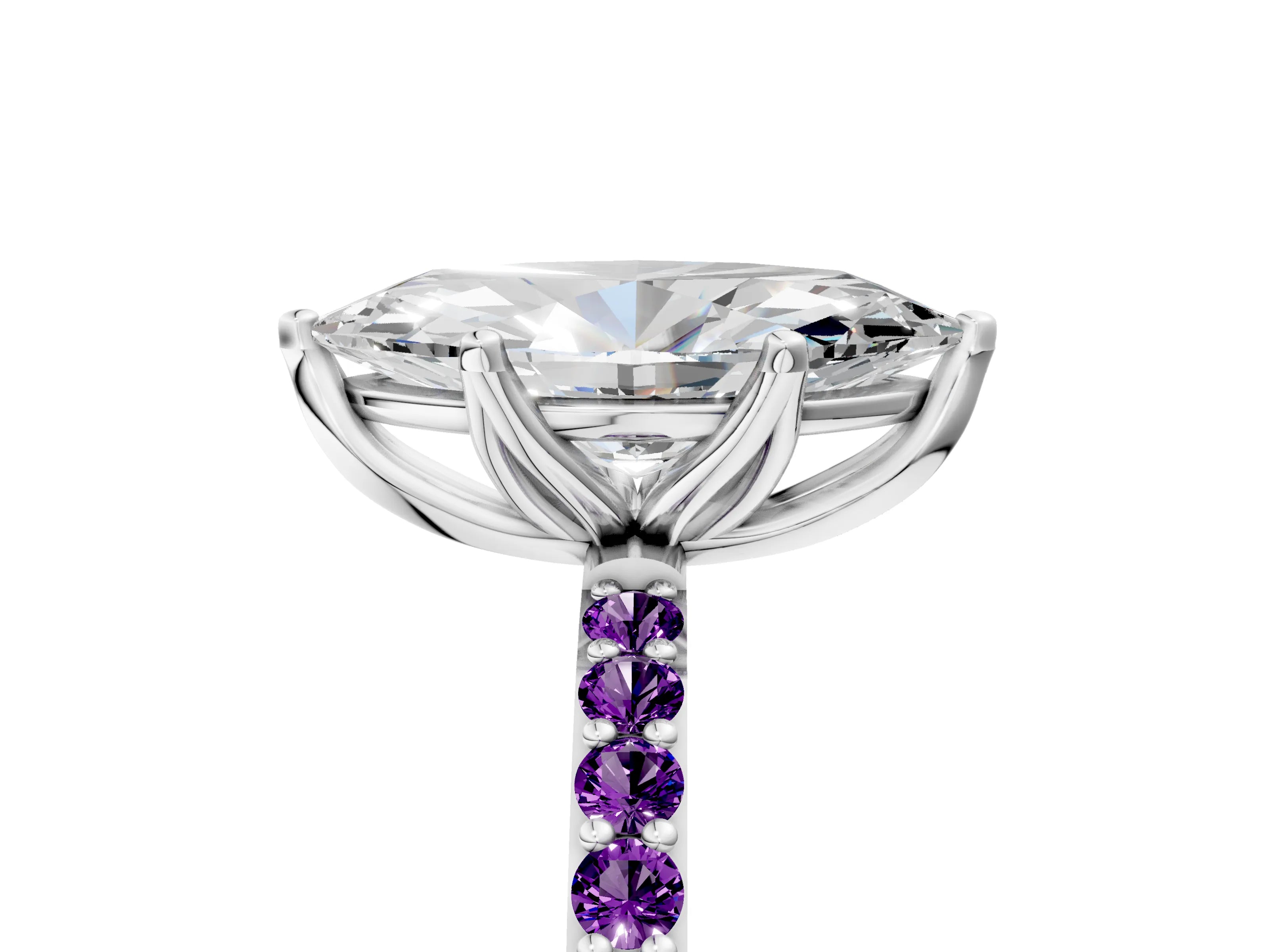 White gold Marquise Cut Diamond Solitaire Engagement Ring with Round with Amethyst side stone Pavé Band and Prong Setting_17