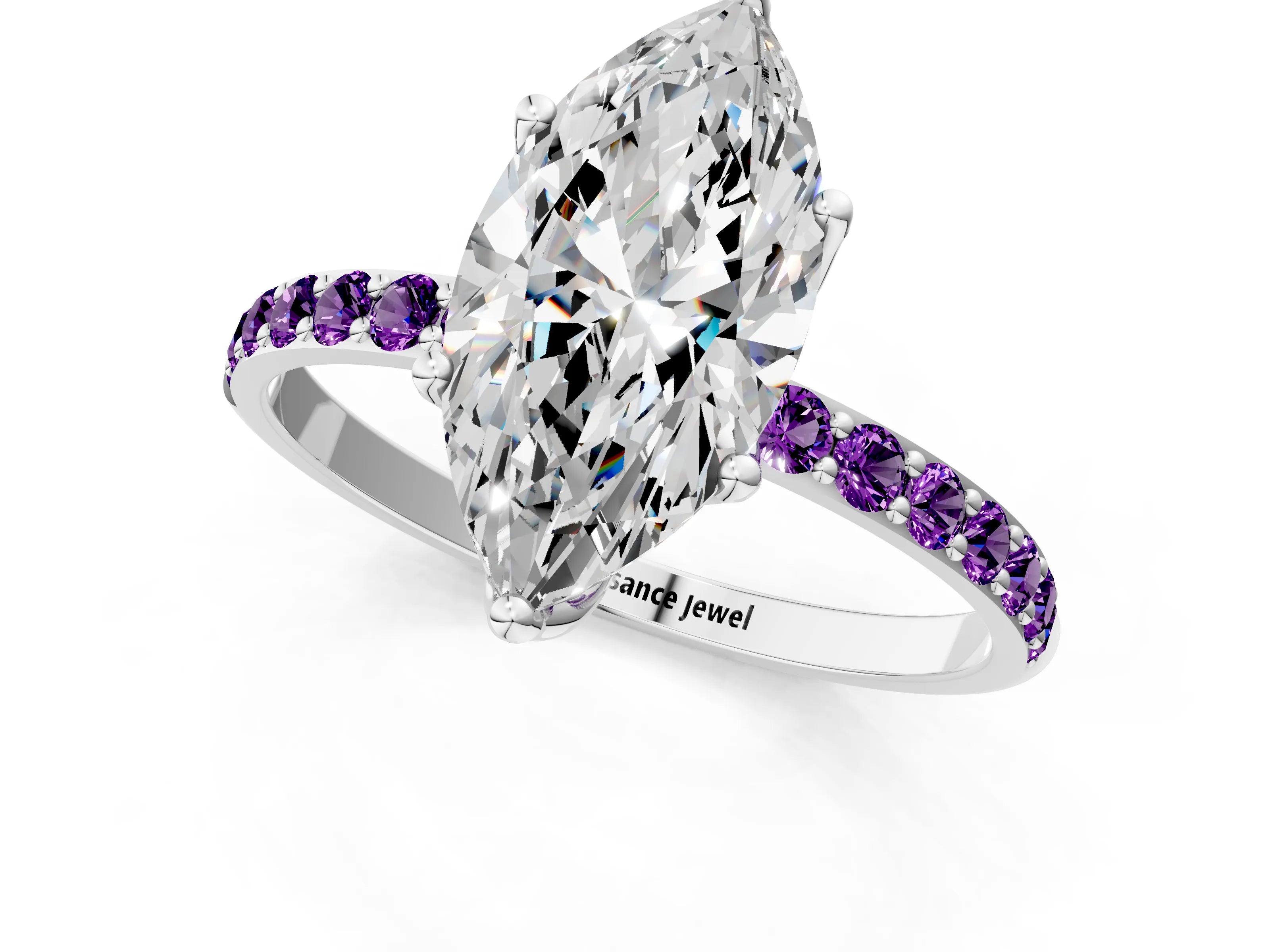 White gold Marquise Cut Diamond Solitaire Engagement Ring with Round with Amethyst side stone Pavé Band and Prong Setting_25