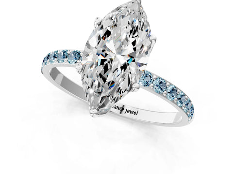 White gold Marquise Cut Diamond Solitaire Engagement Ring with Round with Aquamarine side stone Pavé Band and Prong Setting_13
