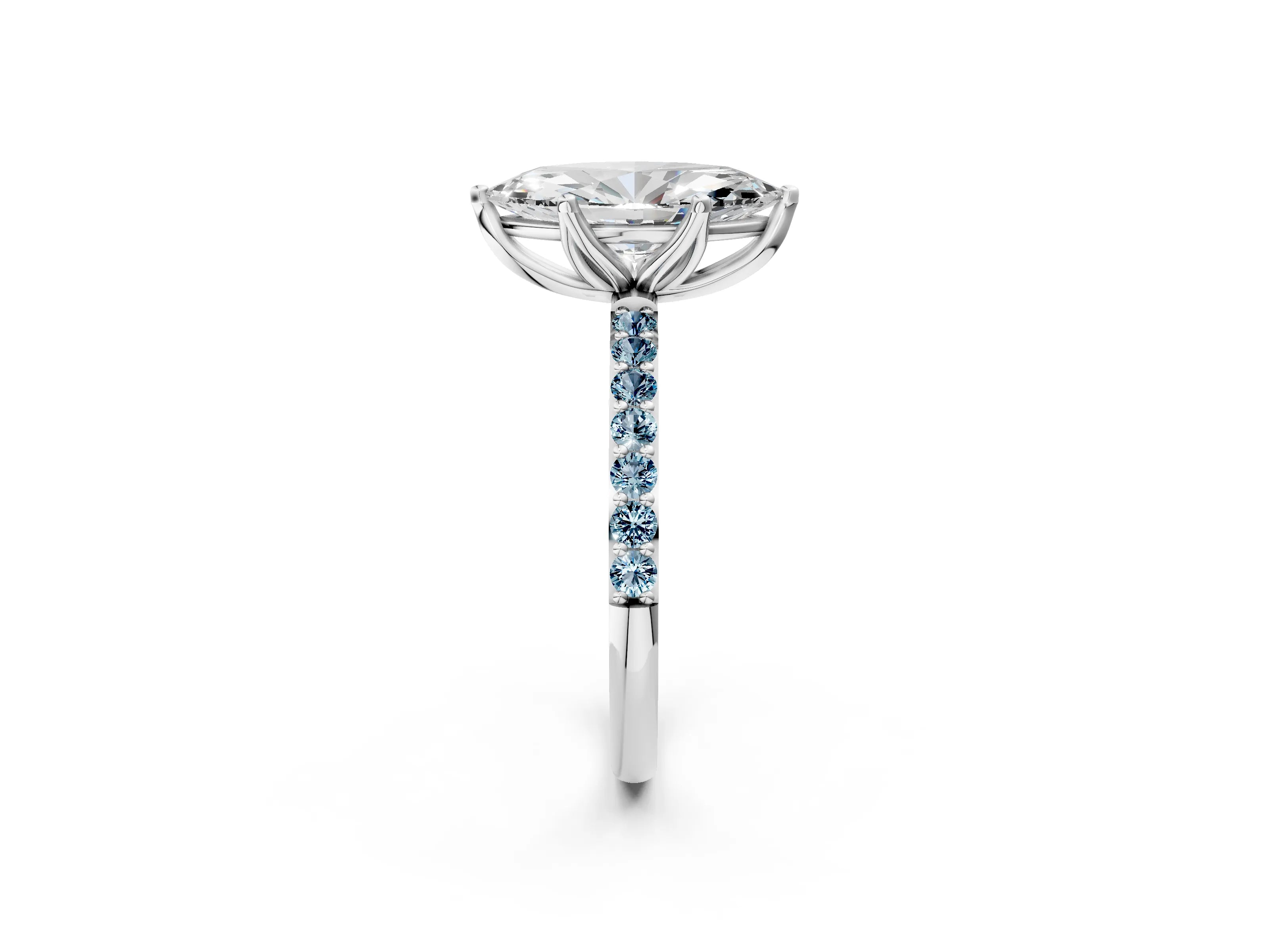White gold Marquise Cut Diamond Solitaire Engagement Ring with Round with Aquamarine side stone Pavé Band and Prong Setting_14