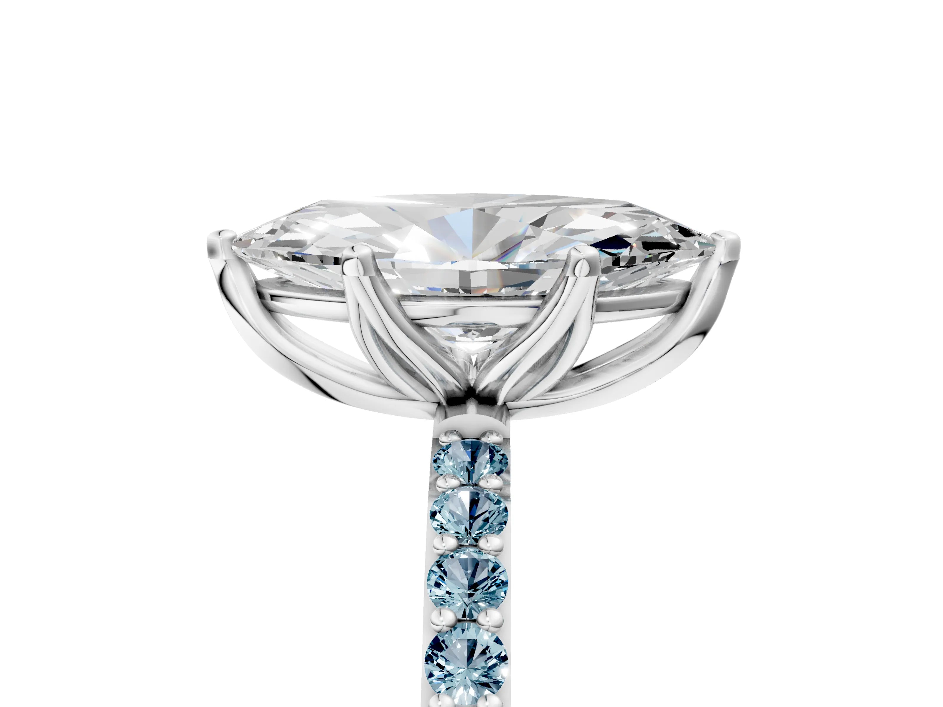 White gold Marquise Cut Diamond Solitaire Engagement Ring with Round with Aquamarine side stone Pavé Band and Prong Setting_17