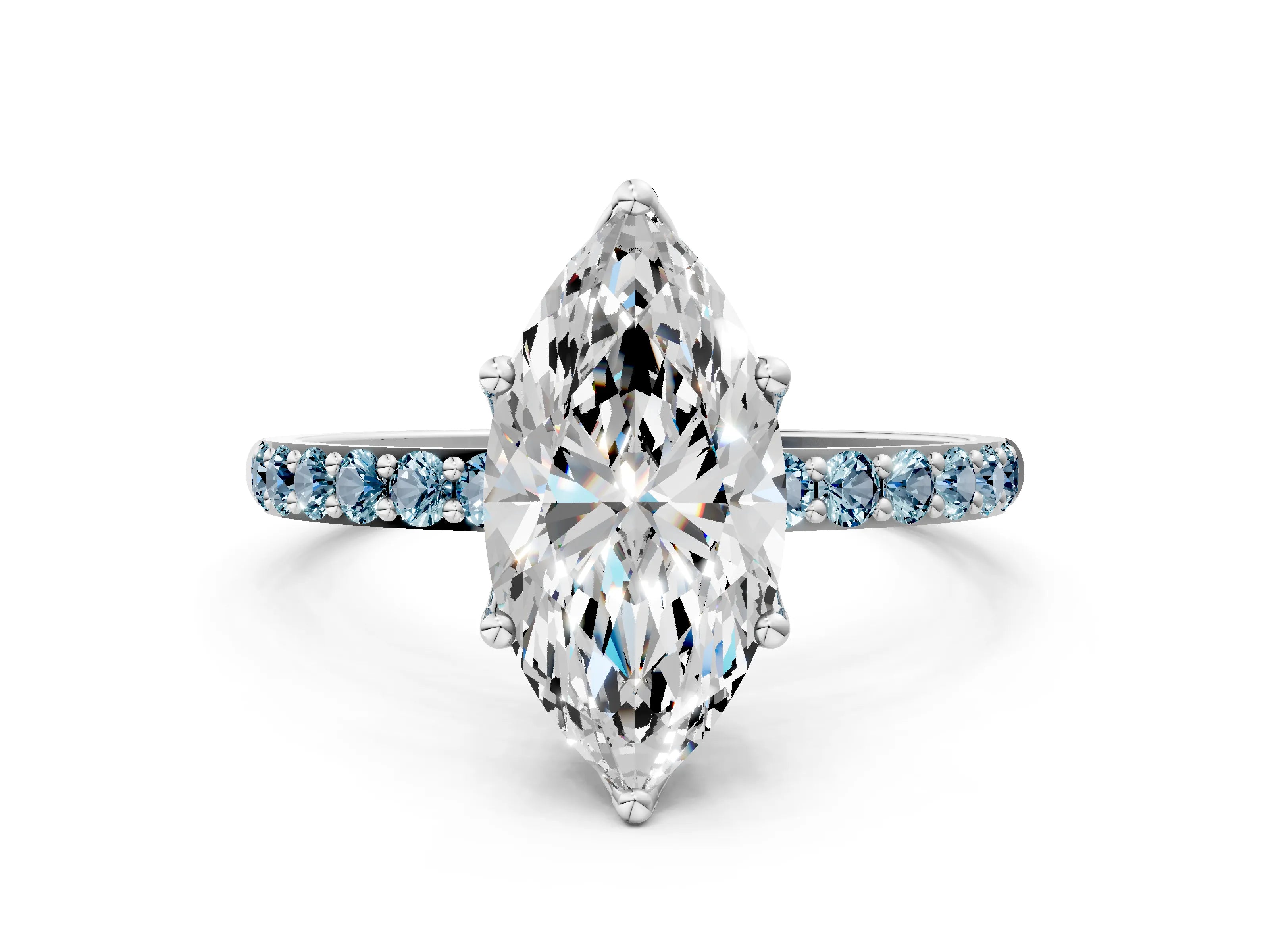 White gold Marquise Cut Diamond Solitaire Engagement Ring with Round with Aquamarine side stone Pavé Band and Prong Setting_24