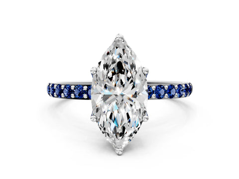 White gold Marquise Cut Diamond Solitaire Engagement Ring with Round with Blue Sapphire side stone Pavé Band and Prong Setting_12