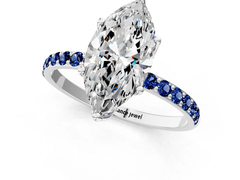 White gold Marquise Cut Diamond Solitaire Engagement Ring with Round with Blue Sapphire side stone Pavé Band and Prong Setting_13
