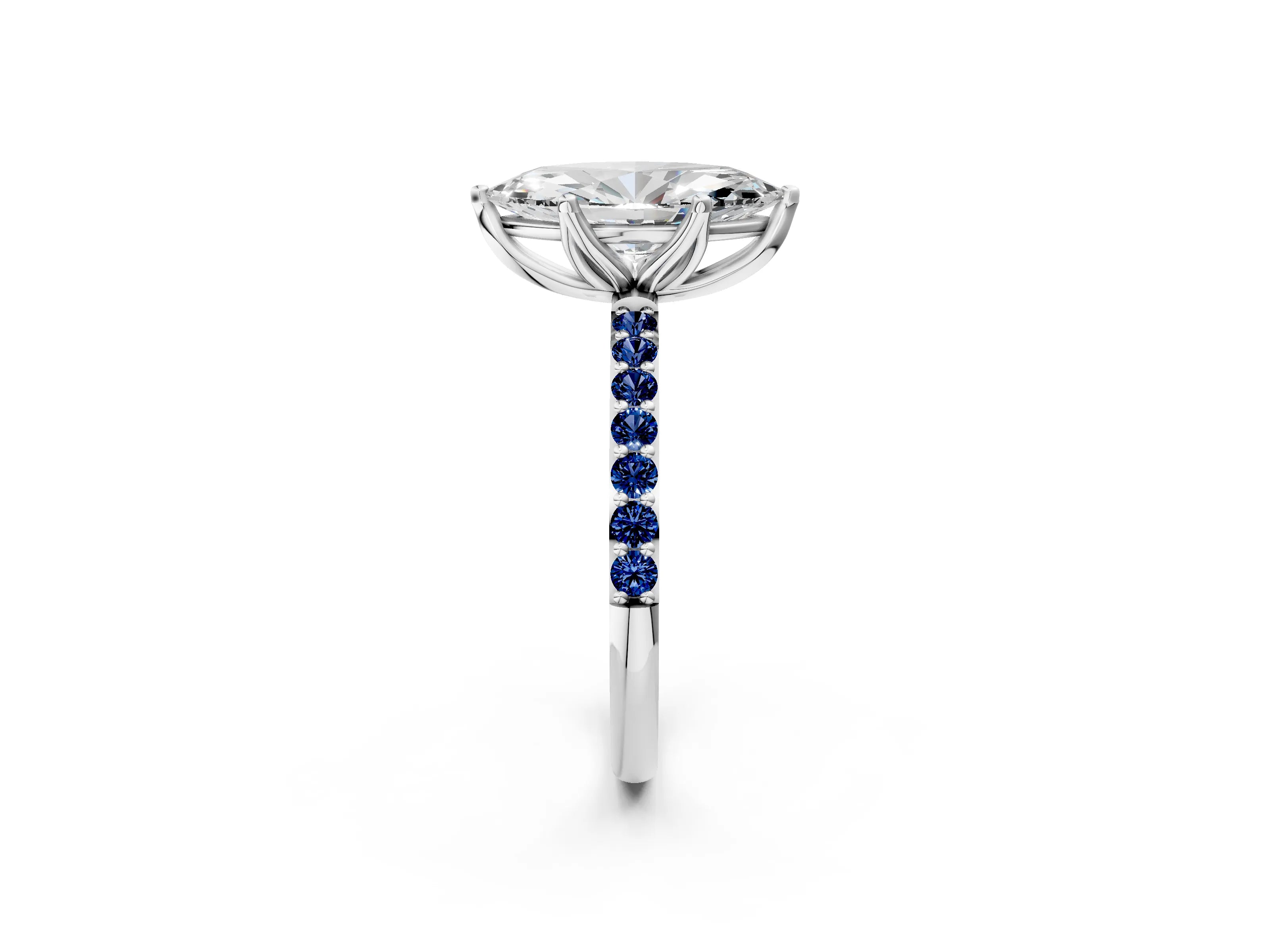 White gold Marquise Cut Diamond Solitaire Engagement Ring with Round with Blue Sapphire side stone Pavé Band and Prong Setting_14