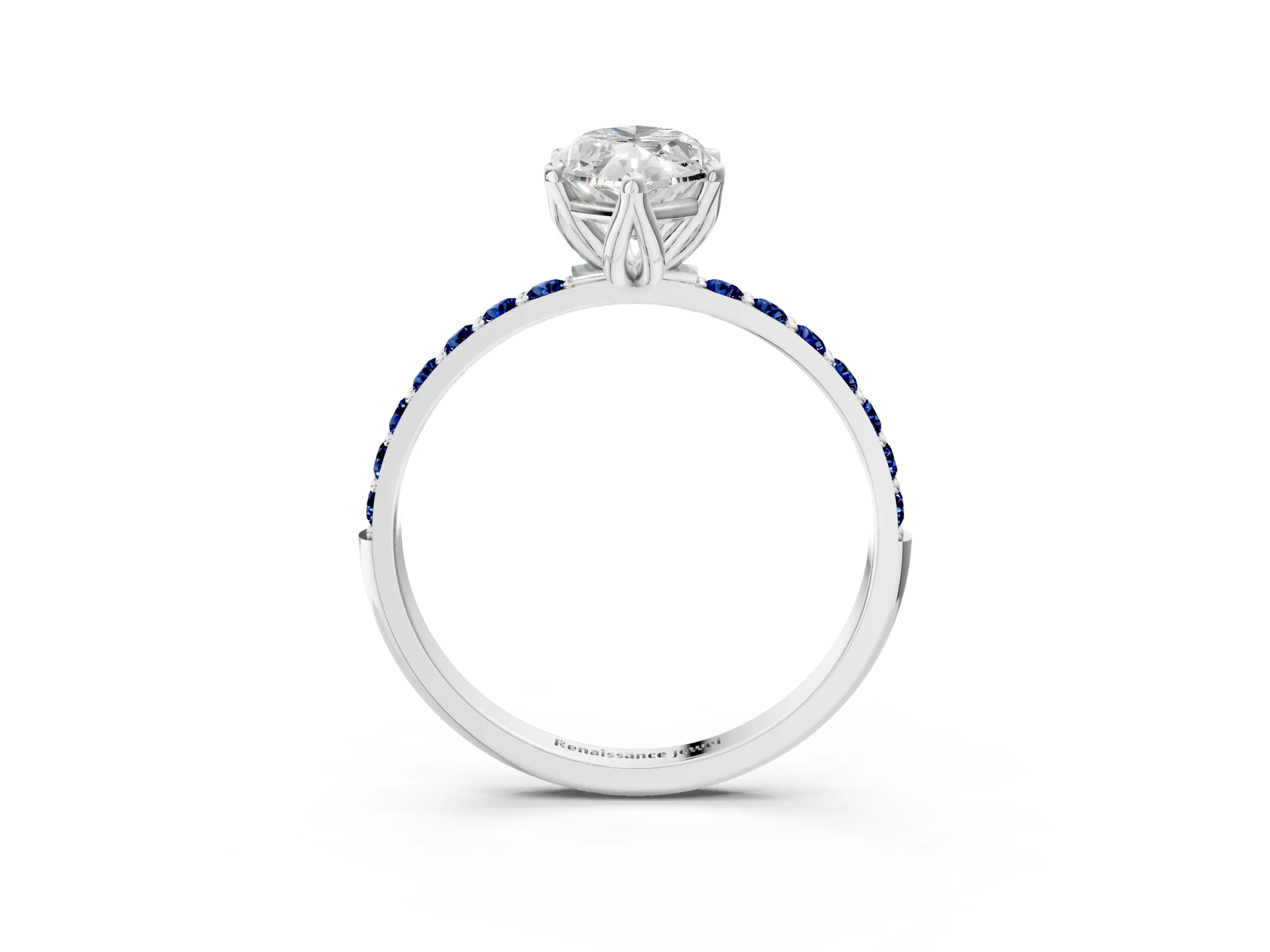 White gold Marquise Cut Diamond Solitaire Engagement Ring with Round with Blue Sapphire side stone Pavé Band and Prong Setting_15