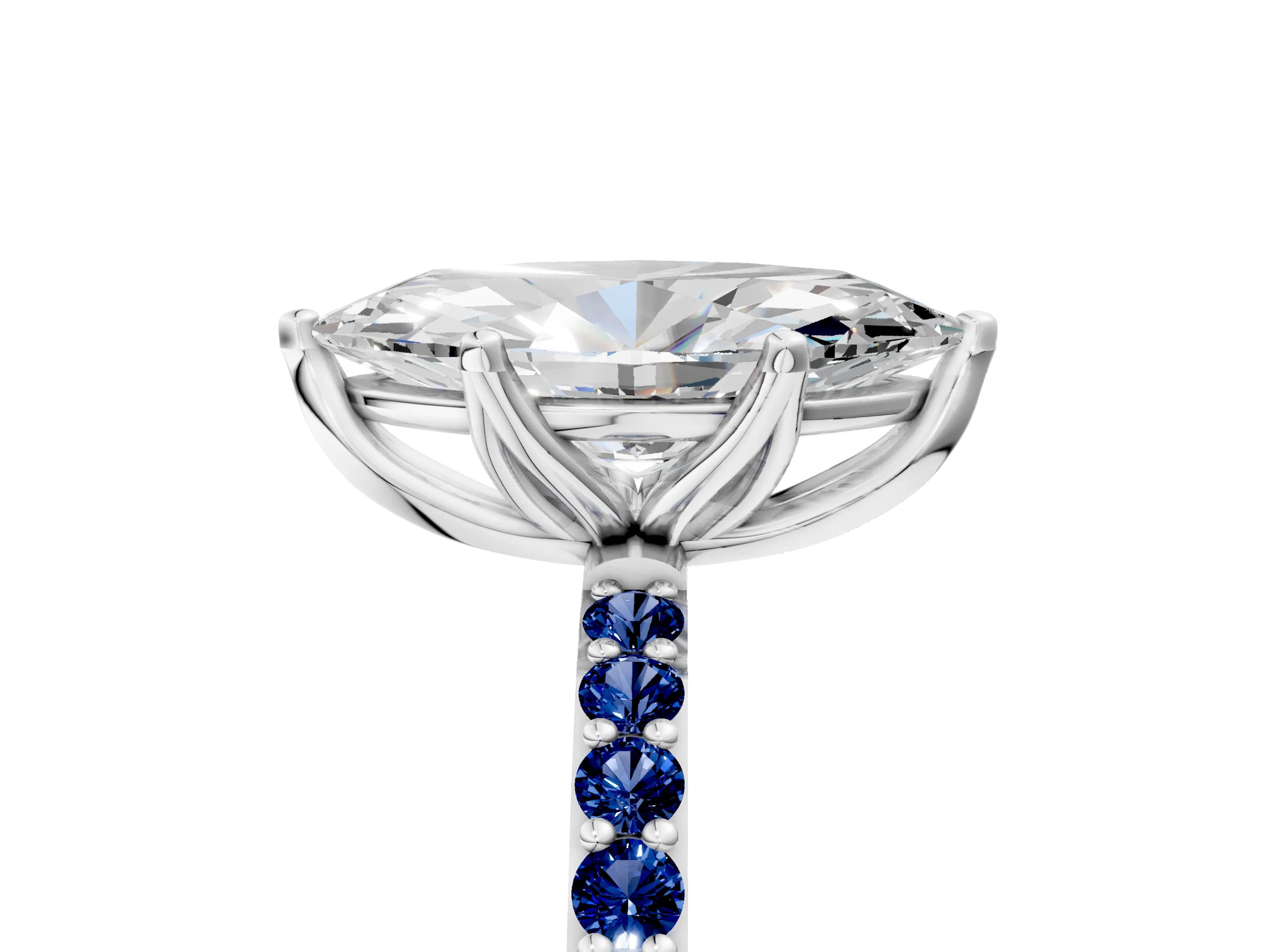 White gold Marquise Cut Diamond Solitaire Engagement Ring with Round with Blue Sapphire side stone Pavé Band and Prong Setting_29