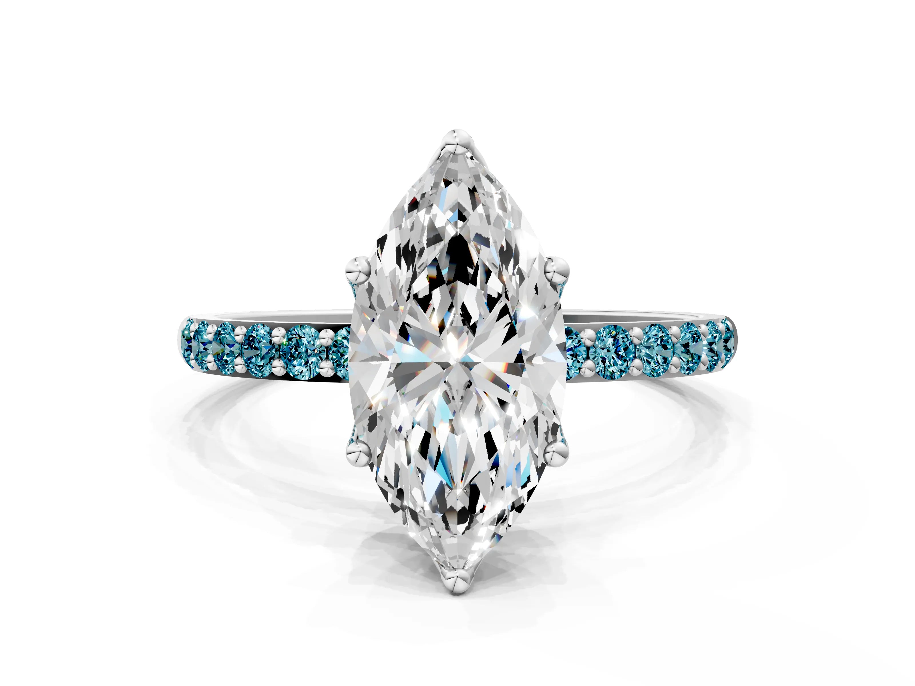 White gold Marquise Cut Diamond Solitaire Engagement Ring with Round with Blue Topaz side stone Pavé Band and Prong Setting_18