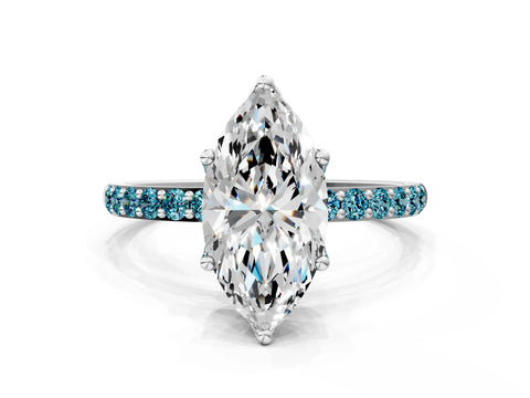 White gold Marquise Cut Diamond Solitaire Engagement Ring with Round with Blue Topaz side stone Pavé Band and Prong Setting_18