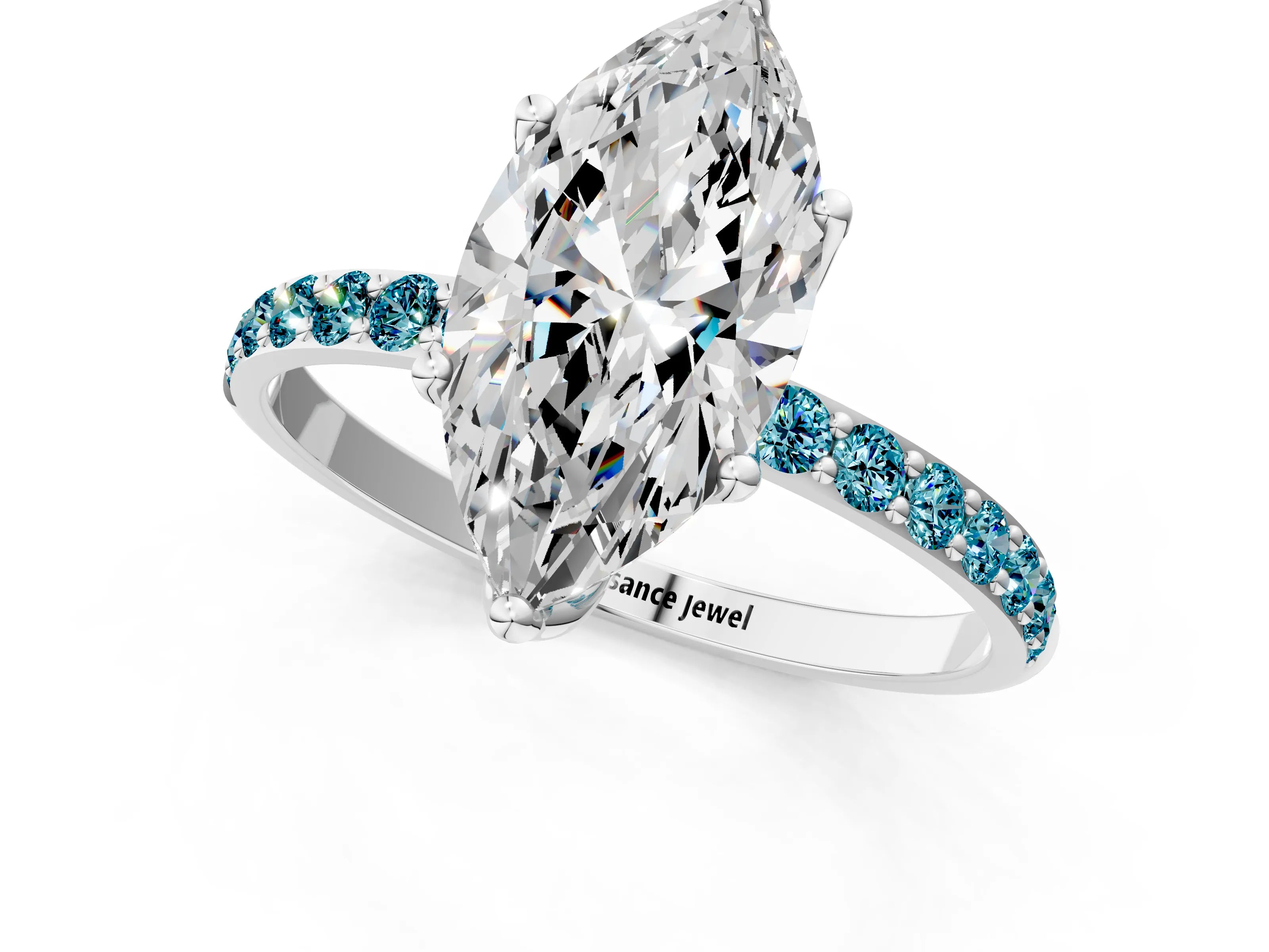 White gold Marquise Cut Diamond Solitaire Engagement Ring with Round with Blue Topaz side stone Pavé Band and Prong Setting_19