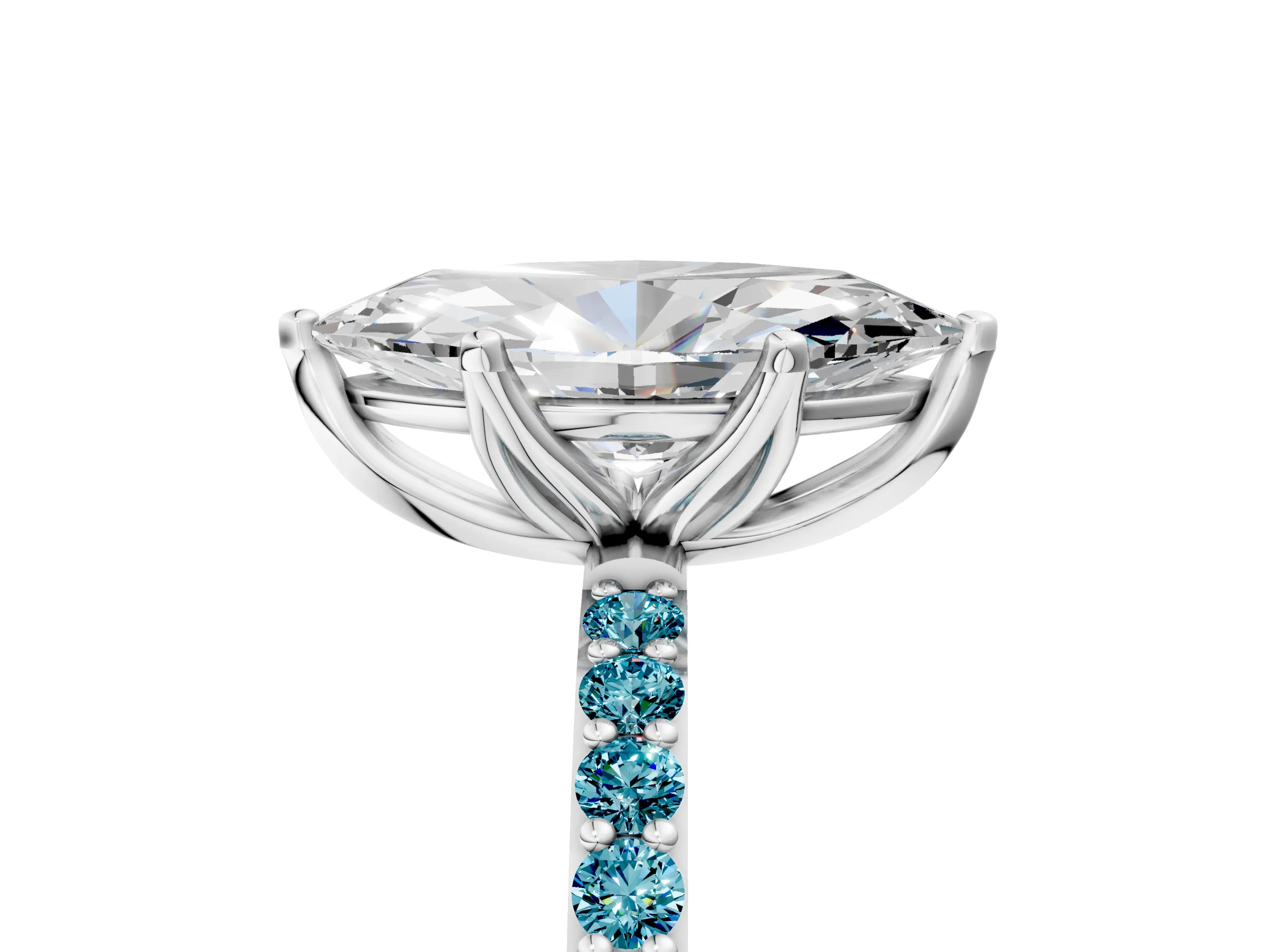 White gold Marquise Cut Diamond Solitaire Engagement Ring with Round with Blue Topaz side stone Pavé Band and Prong Setting_29