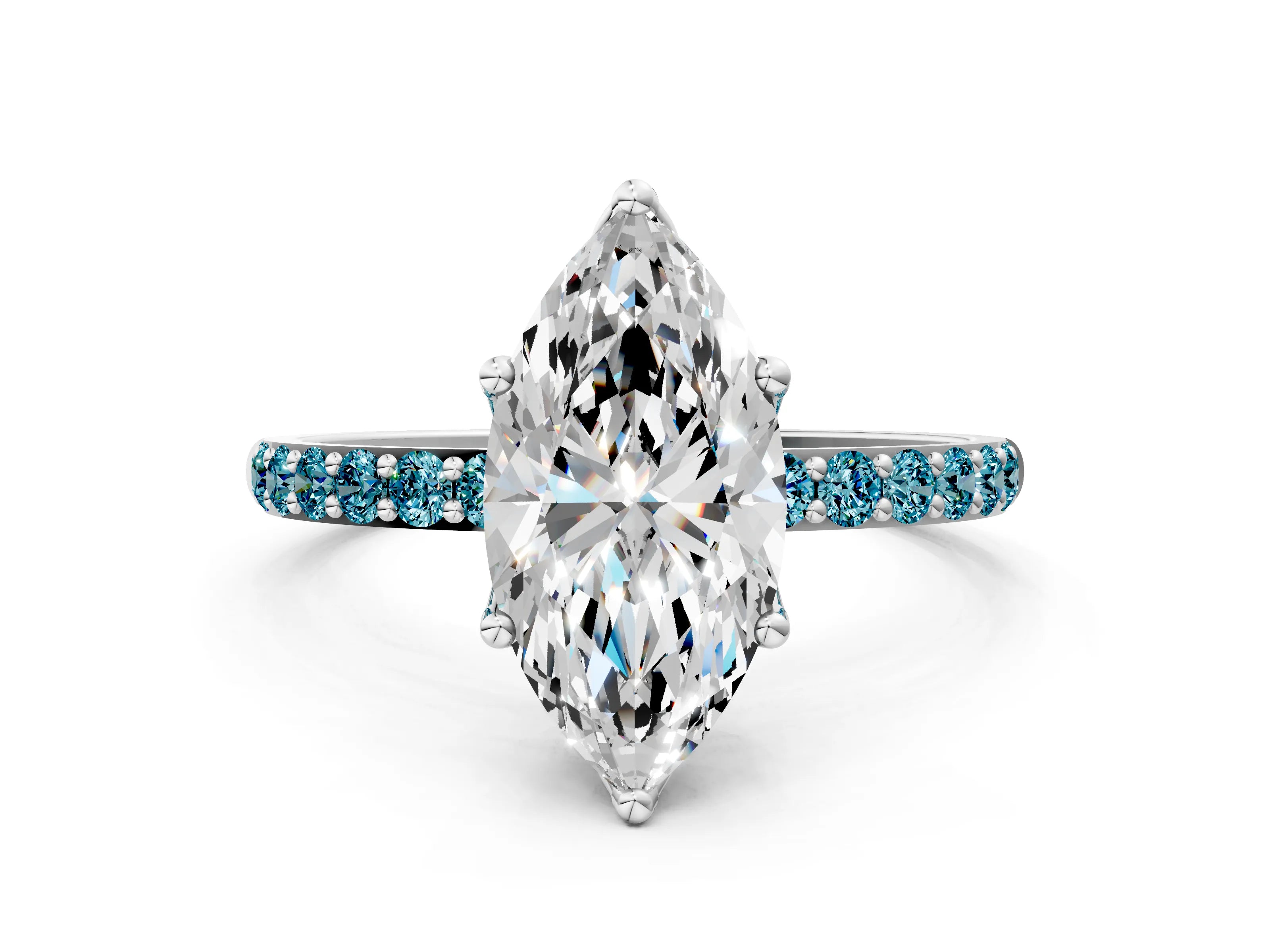White gold Marquise Cut Diamond Solitaire Engagement Ring with Round with Blue Topaz side stone Pavé Band and Prong Setting_36