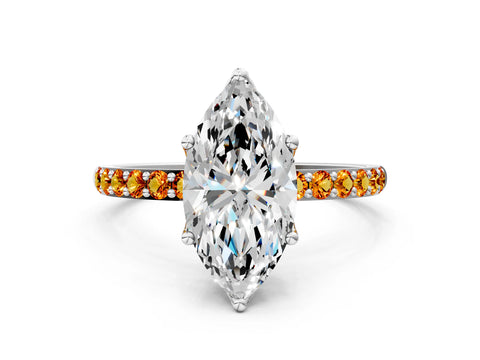 White gold Marquise Cut Diamond Solitaire Engagement Ring with Round with Citrine side stone Pavé Band and Prong Setting_12