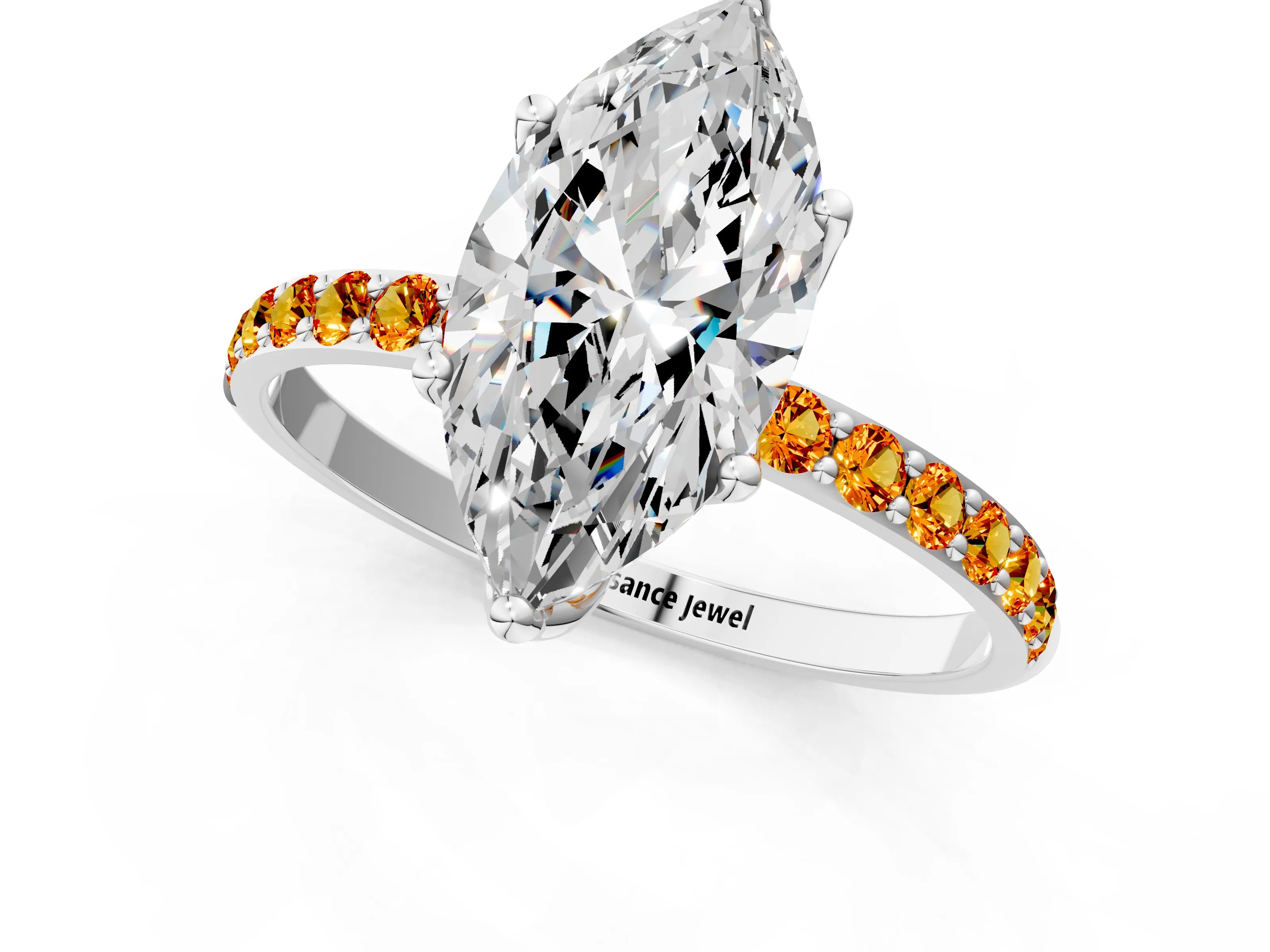 White gold Marquise Cut Diamond Solitaire Engagement Ring with Round with Citrine side stone Pavé Band and Prong Setting_13