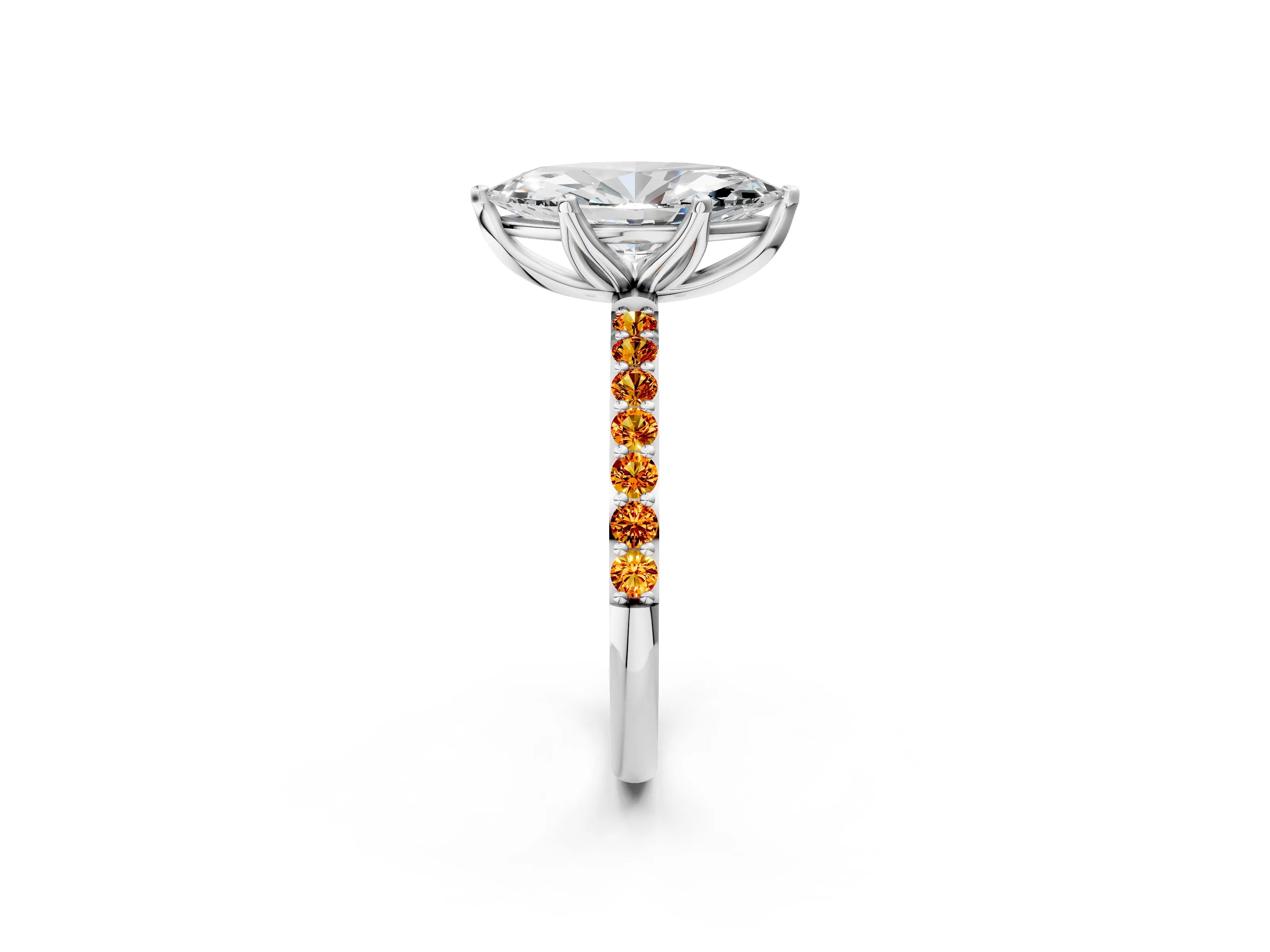 White gold Marquise Cut Diamond Solitaire Engagement Ring with Round with Citrine side stone Pavé Band and Prong Setting_14