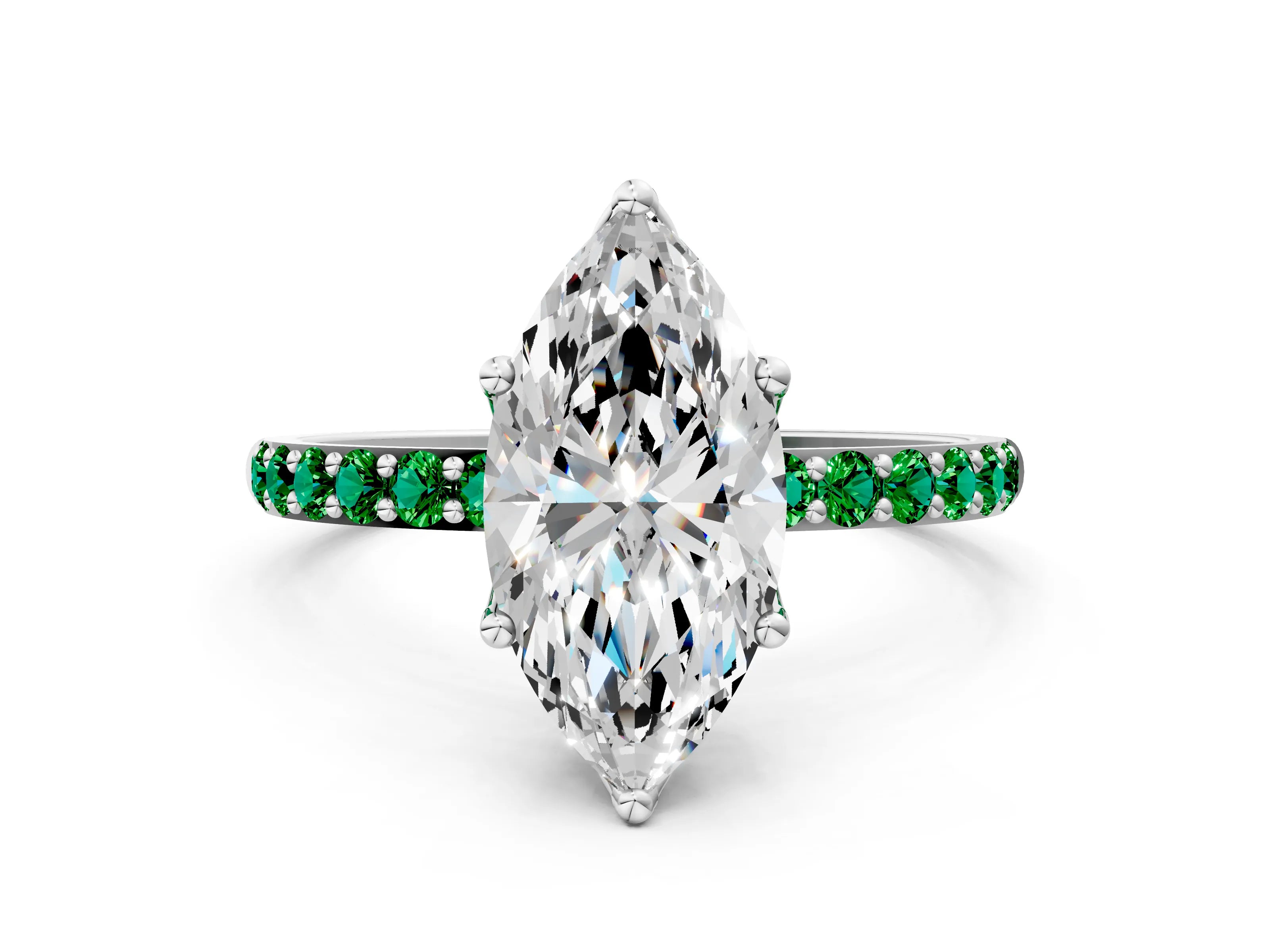 White gold Marquise Cut Diamond Solitaire Engagement Ring with Round with Emerald side stone Pavé Band and Prong Setting_12