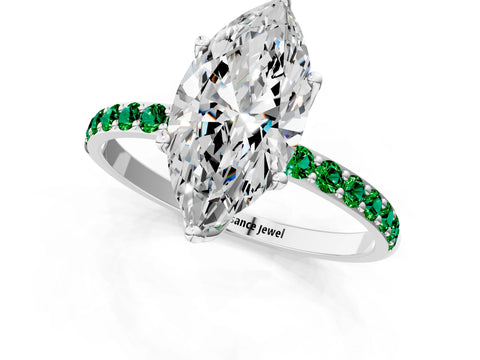 White gold Marquise Cut Diamond Solitaire Engagement Ring with Round with Emerald side stone Pavé Band and Prong Setting_13
