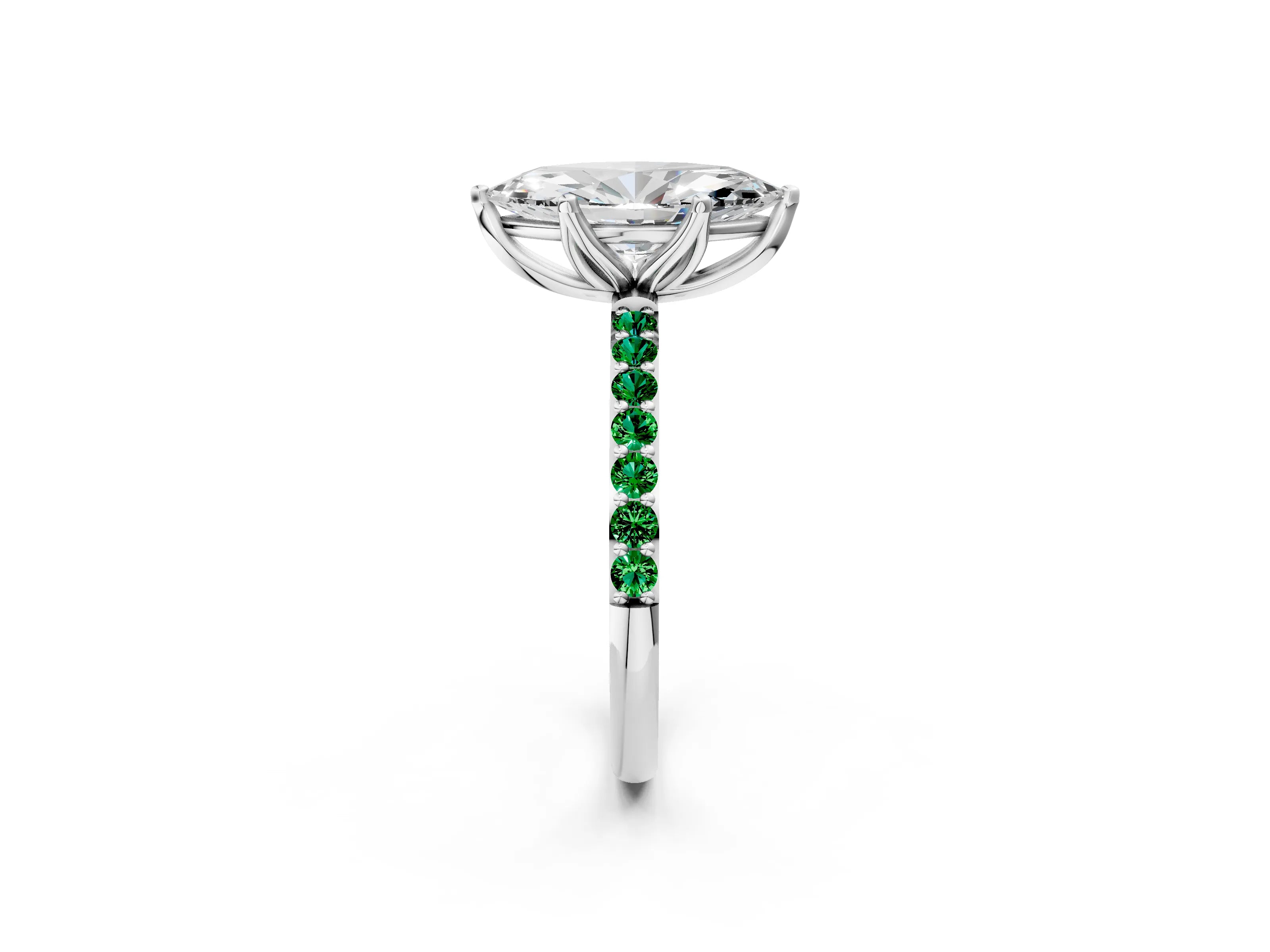 White gold Marquise Cut Diamond Solitaire Engagement Ring with Round with Emerald side stone Pavé Band and Prong Setting_14