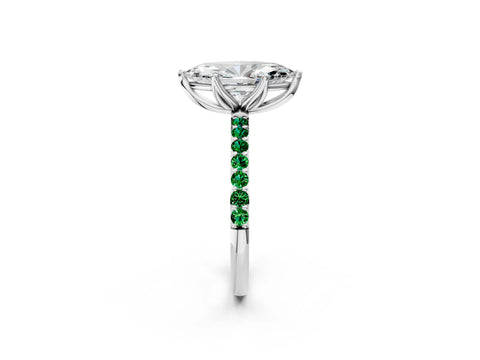 White gold Marquise Cut Diamond Solitaire Engagement Ring with Round with Emerald side stone Pavé Band and Prong Setting_14
