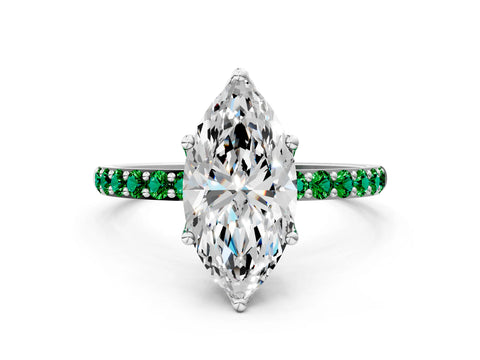 White gold Marquise Cut Diamond Solitaire Engagement Ring with Round with Emerald side stone Pavé Band and Prong Setting_24