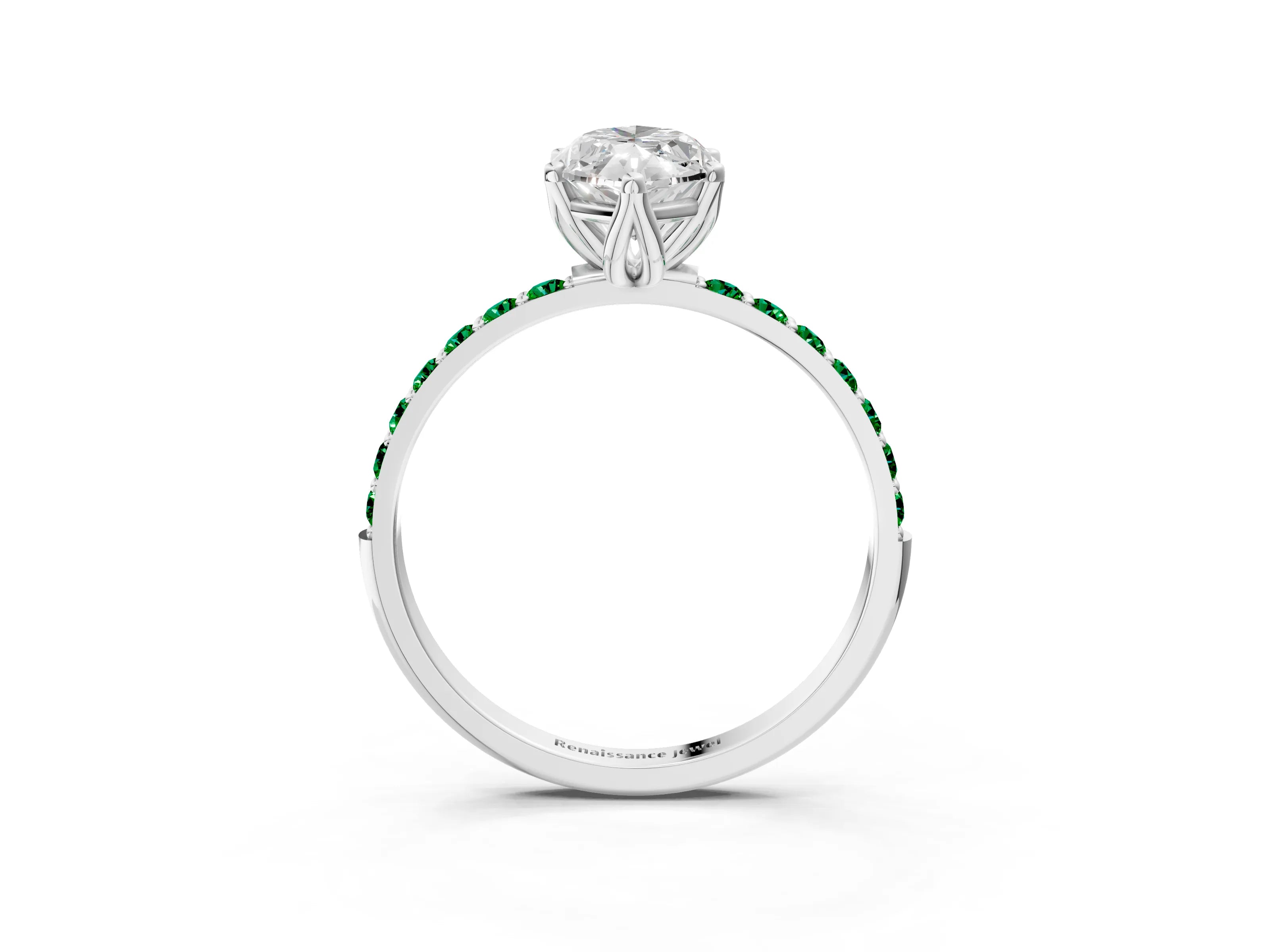 White gold Marquise Cut Diamond Solitaire Engagement Ring with Round with Emerald side stone Pavé Band and Prong Setting_27