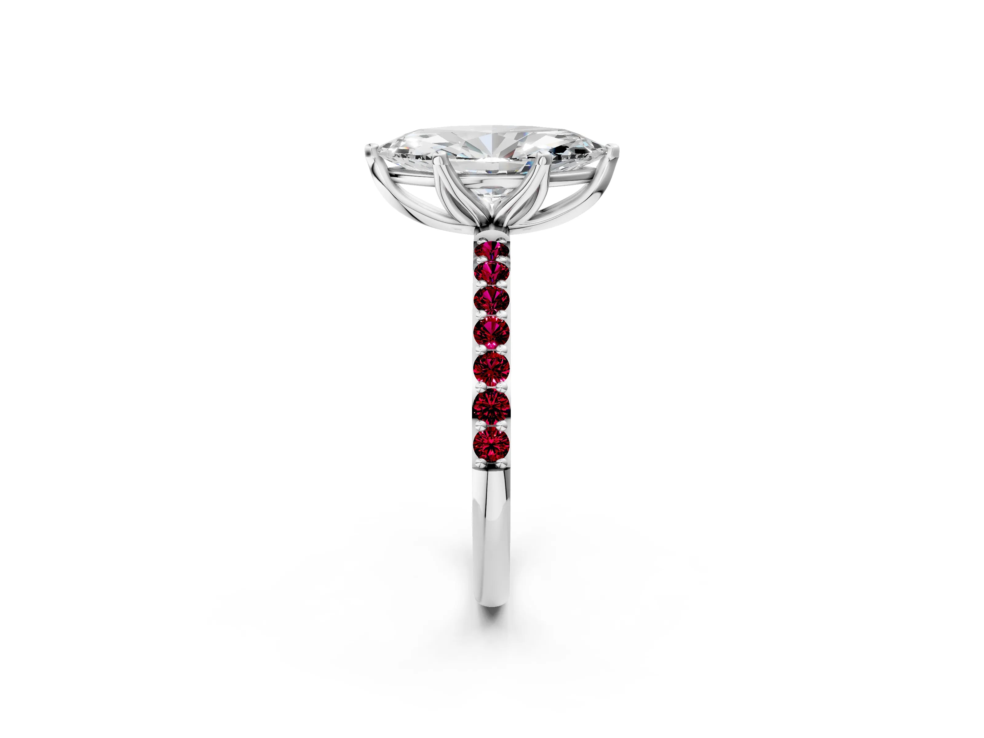 White gold Marquise Cut Diamond Solitaire Engagement Ring with Round with Garnet side stone Pavé Band and Prong Setting_14