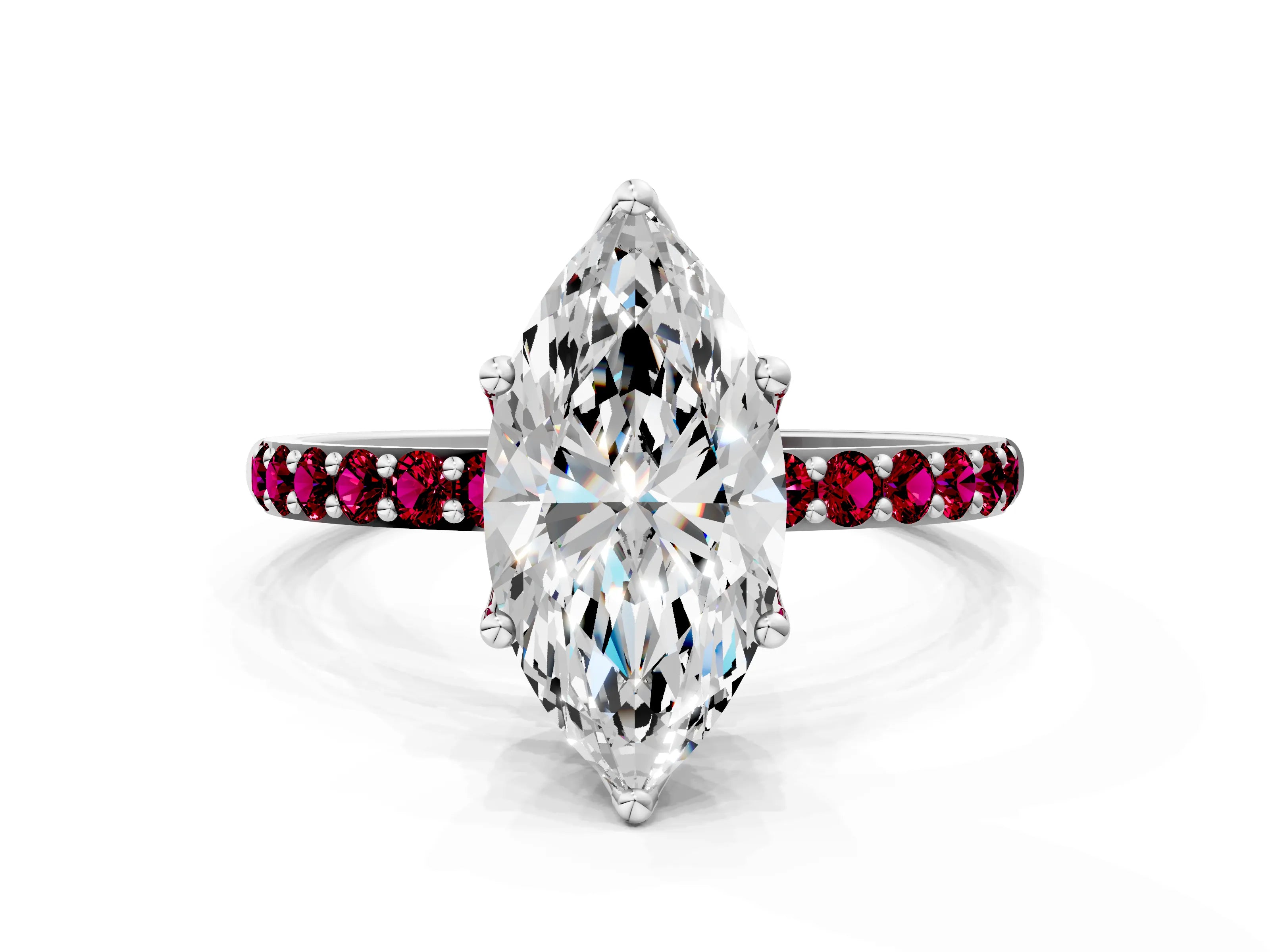 White gold Marquise Cut Diamond Solitaire Engagement Ring with Round with Garnet side stone Pavé Band and Prong Setting_24