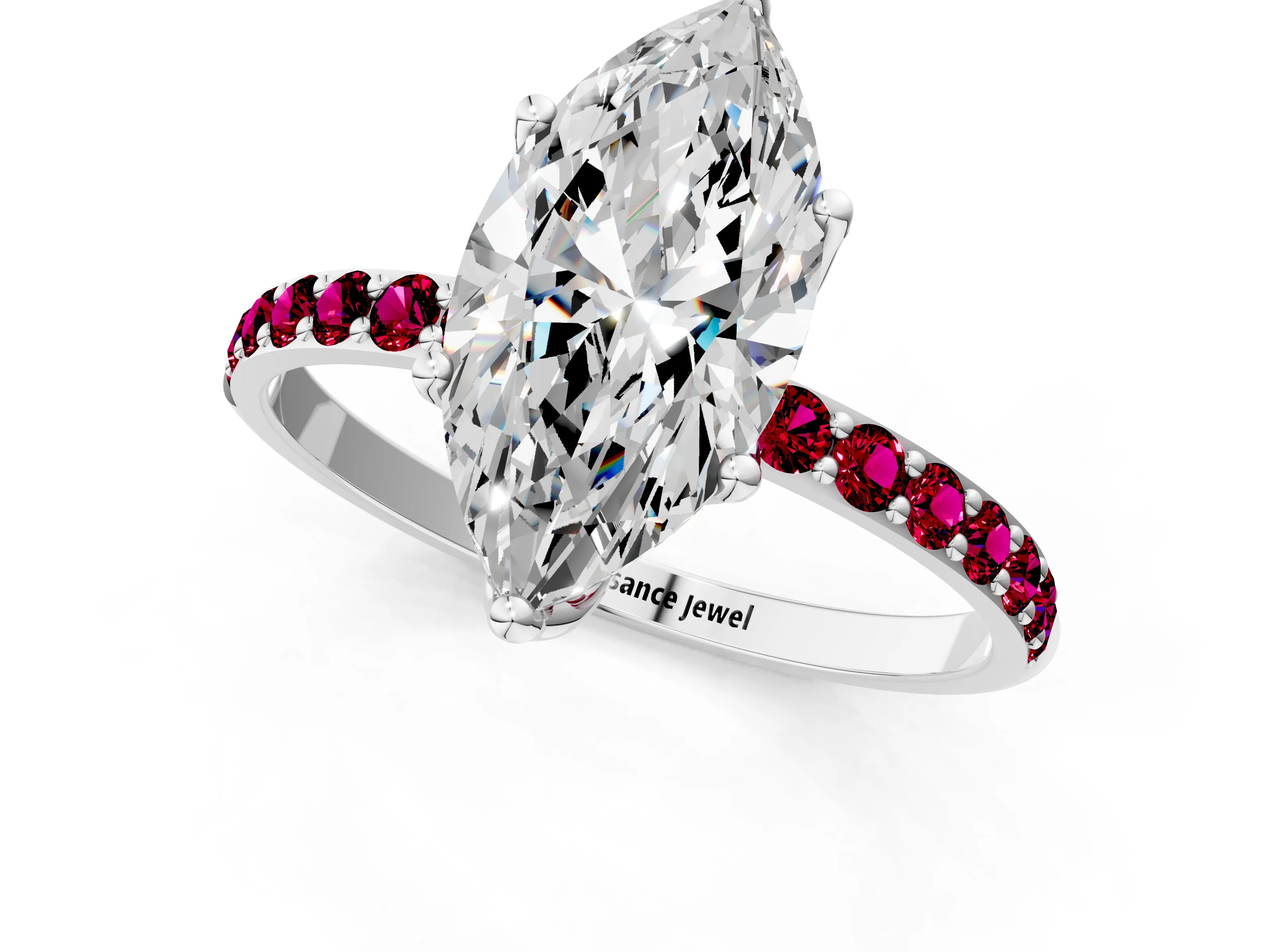 White gold Marquise Cut Diamond Solitaire Engagement Ring with Round with Garnet side stone Pavé Band and Prong Setting_25