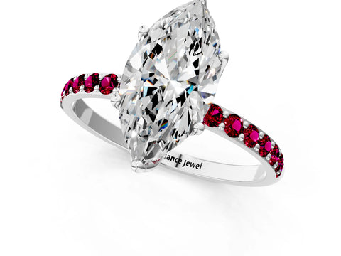 White gold Marquise Cut Diamond Solitaire Engagement Ring with Round with Garnet side stone Pavé Band and Prong Setting_25