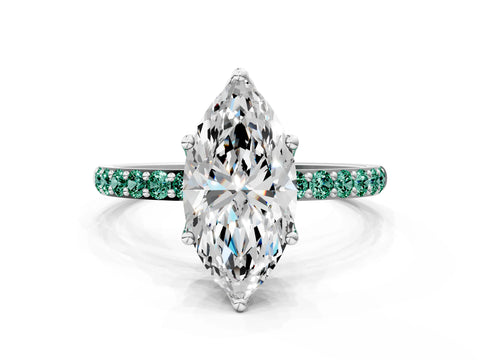 White gold Marquise Cut Diamond Solitaire Engagement Ring with Round with Green Sapphire side stone Pavé Band and Prong Setting_12