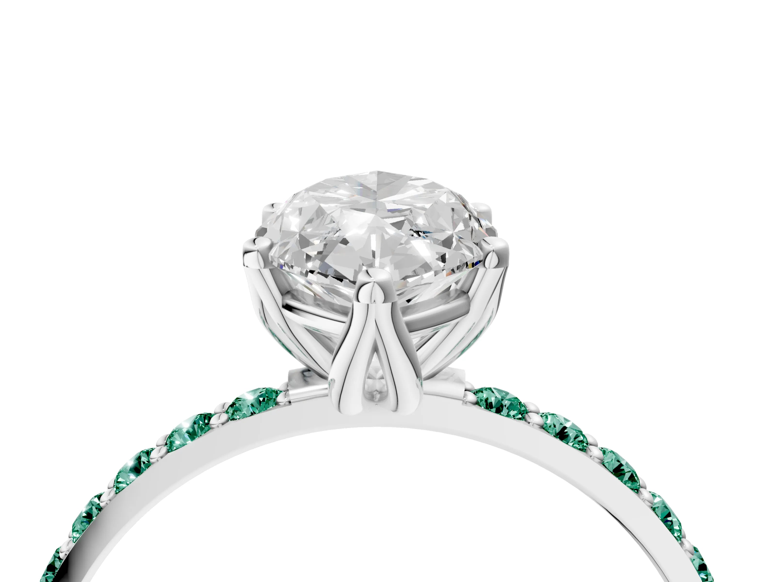 White gold Marquise Cut Diamond Solitaire Engagement Ring with Round with Green Sapphire side stone Pavé Band and Prong Setting_16