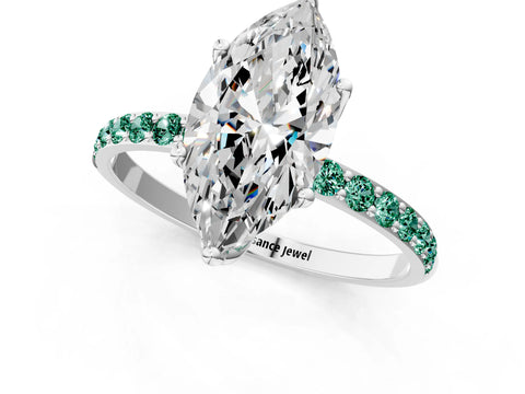 White gold Marquise Cut Diamond Solitaire Engagement Ring with Round with Green Sapphire side stone Pavé Band and Prong Setting_1