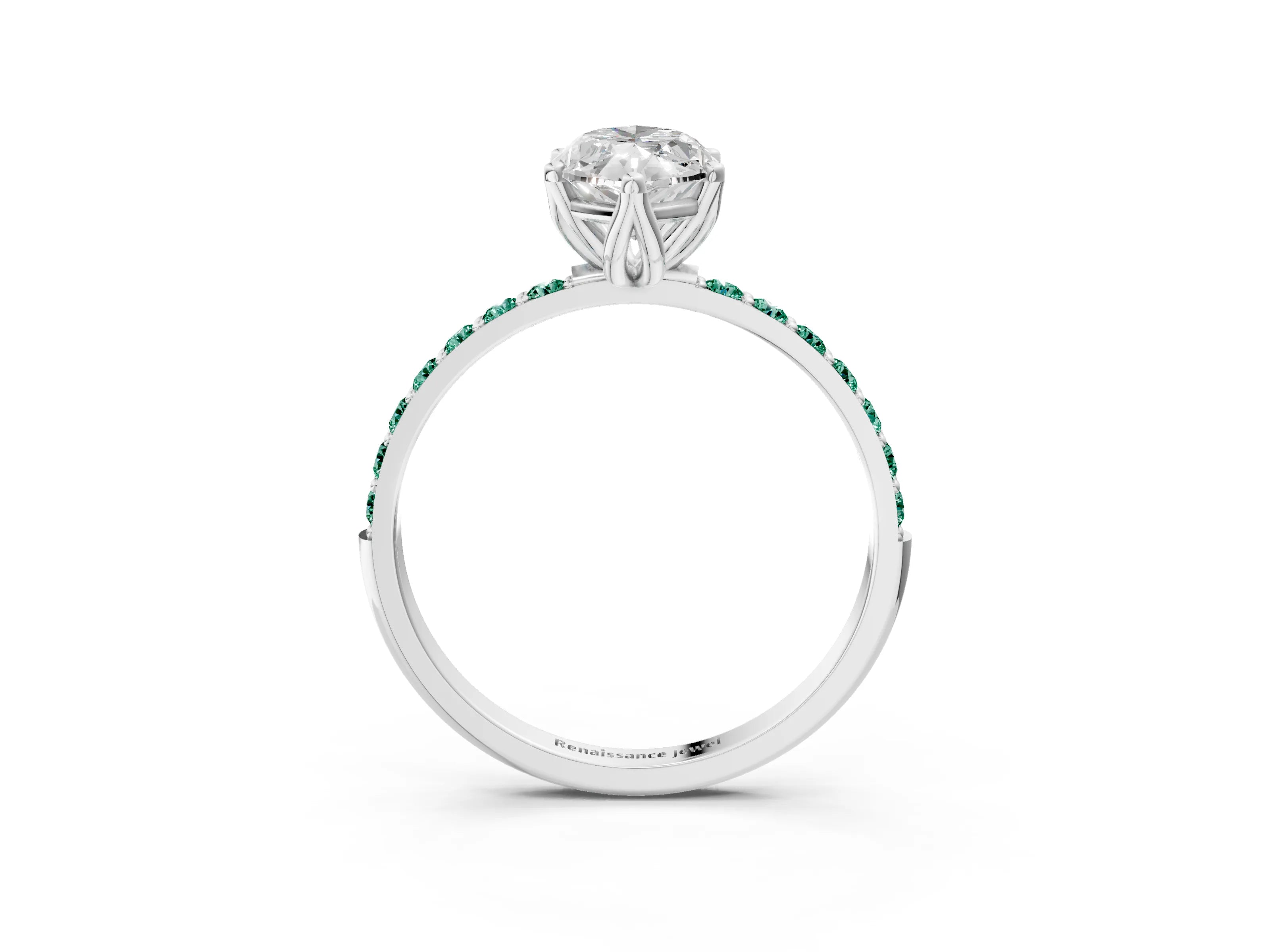 White gold Marquise Cut Diamond Solitaire Engagement Ring with Round with Green Sapphire side stone Pavé Band and Prong Setting_3