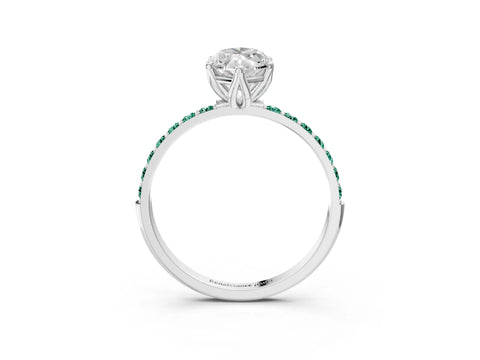 White gold Marquise Cut Diamond Solitaire Engagement Ring with Round with Green Sapphire side stone Pavé Band and Prong Setting_3