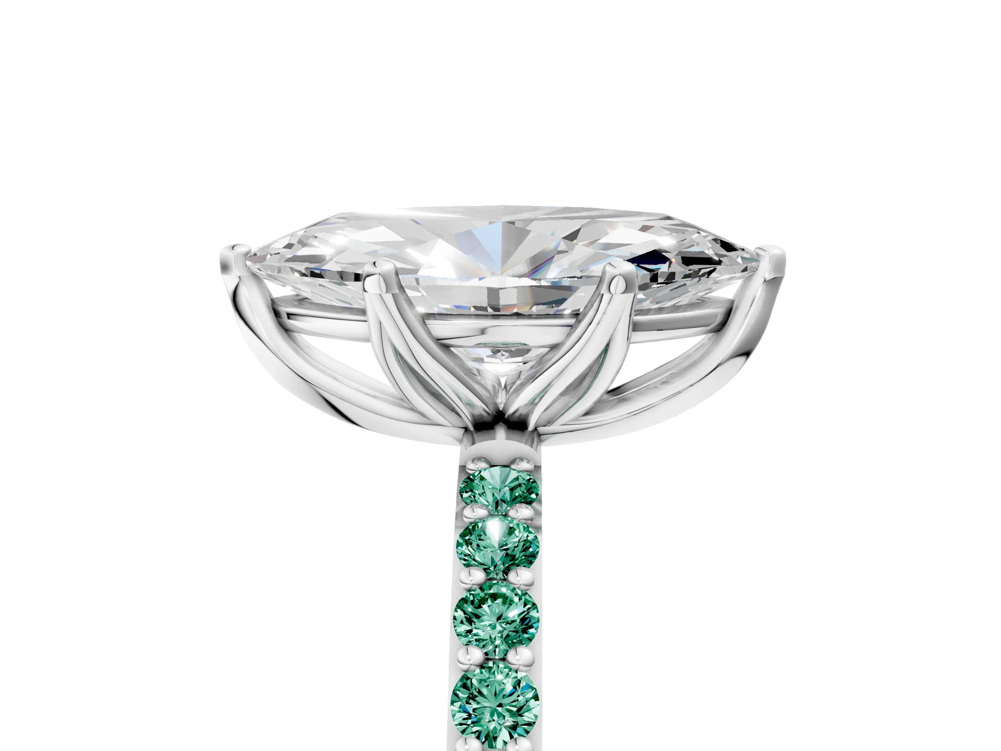 White gold Marquise Cut Diamond Solitaire Engagement Ring with Round with Green Sapphire side stone Pavé Band and Prong Setting_5