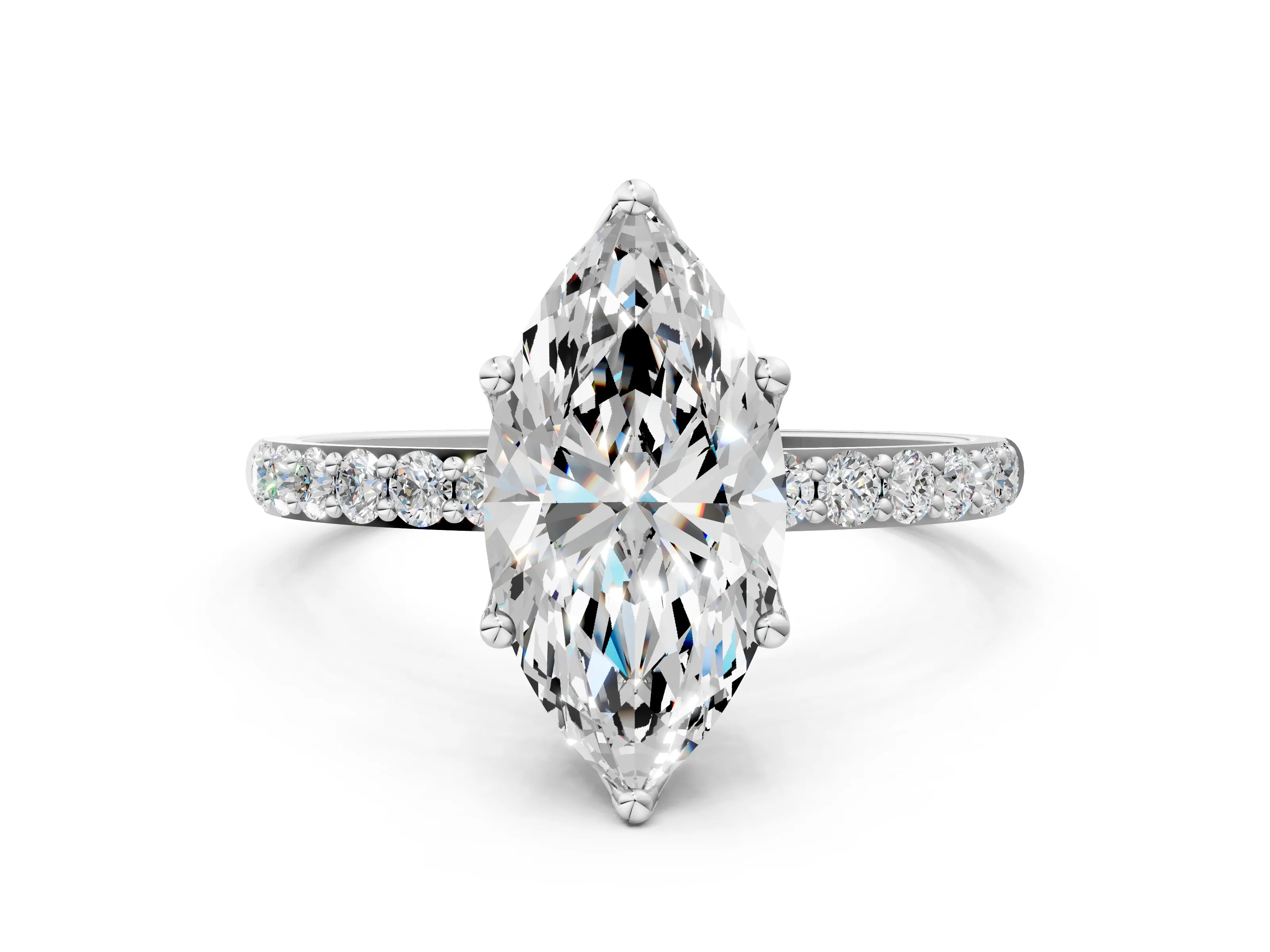 White gold Marquise Cut Diamond Solitaire Engagement Ring with Round with Moissanite side stone Pavé Band and Prong Setting_12