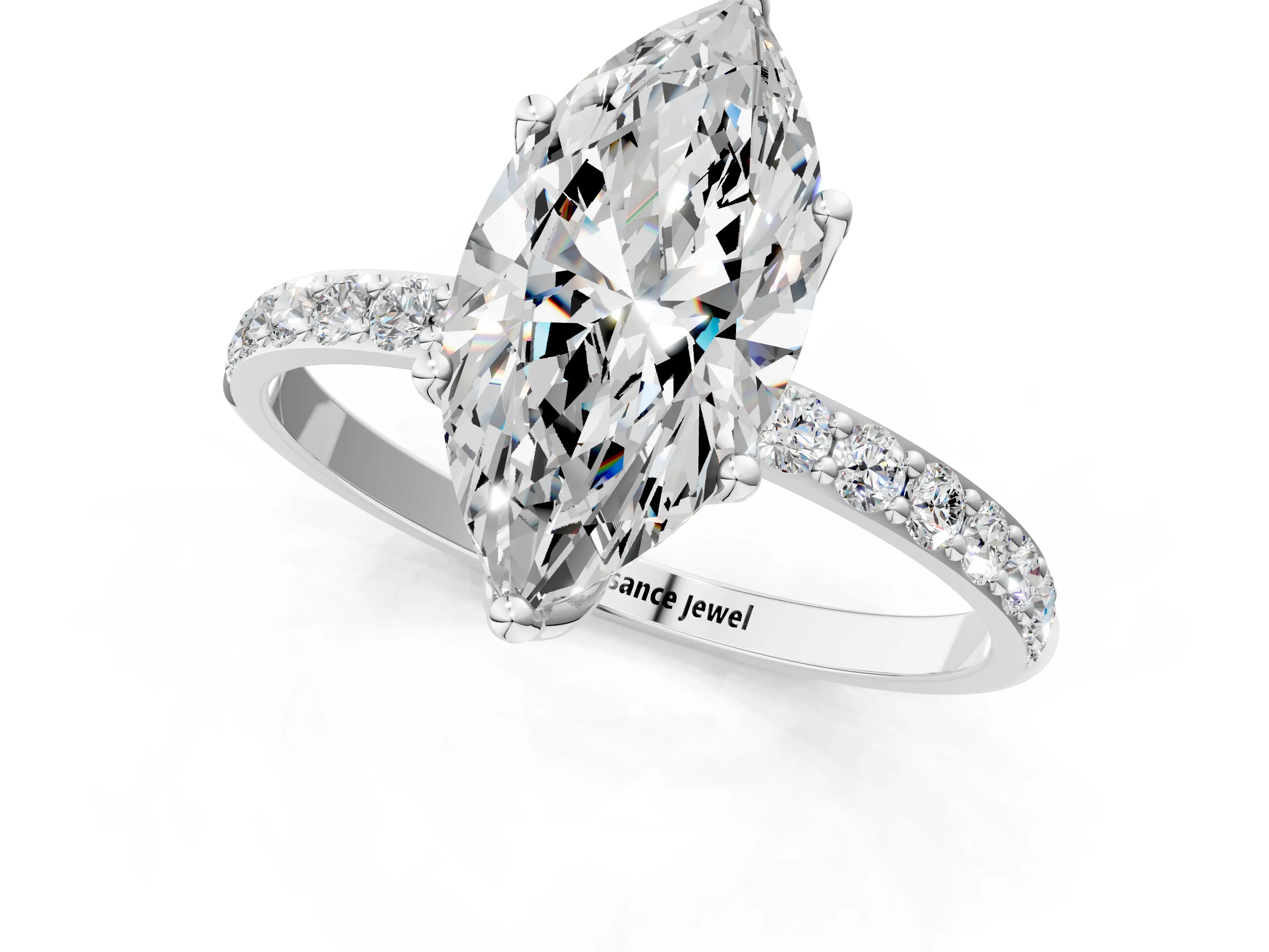 White gold Marquise Cut Diamond Solitaire Engagement Ring with Round with Moissanite side stone Pavé Band and Prong Setting_13