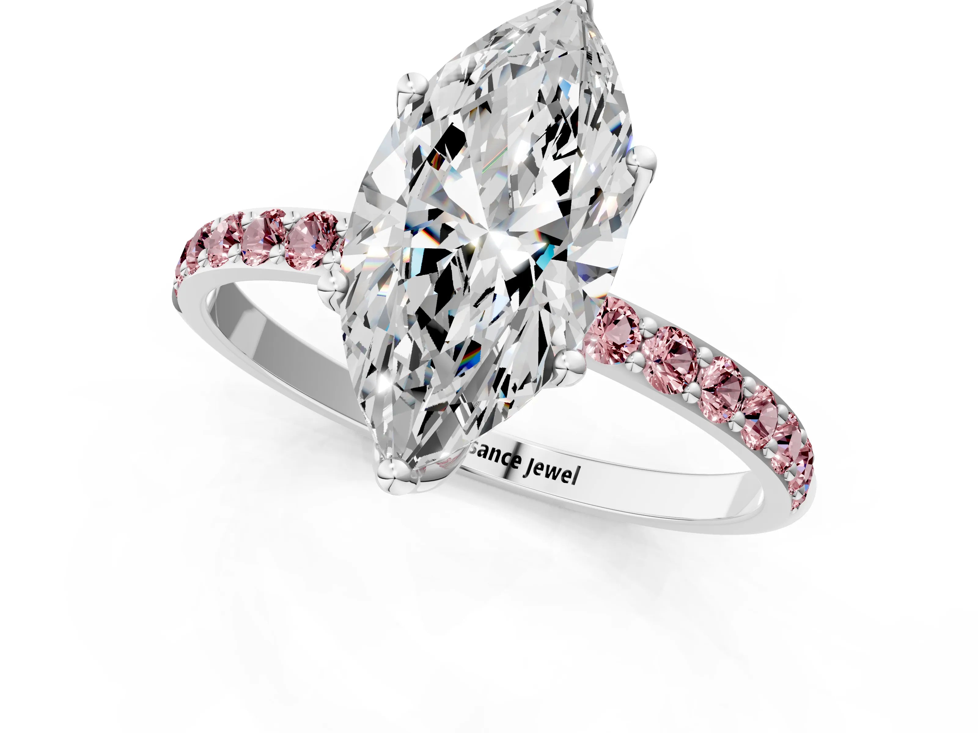 White gold Marquise Cut Diamond Solitaire Engagement Ring with Round with Morganite side stone Pavé Band and Prong Setting_13