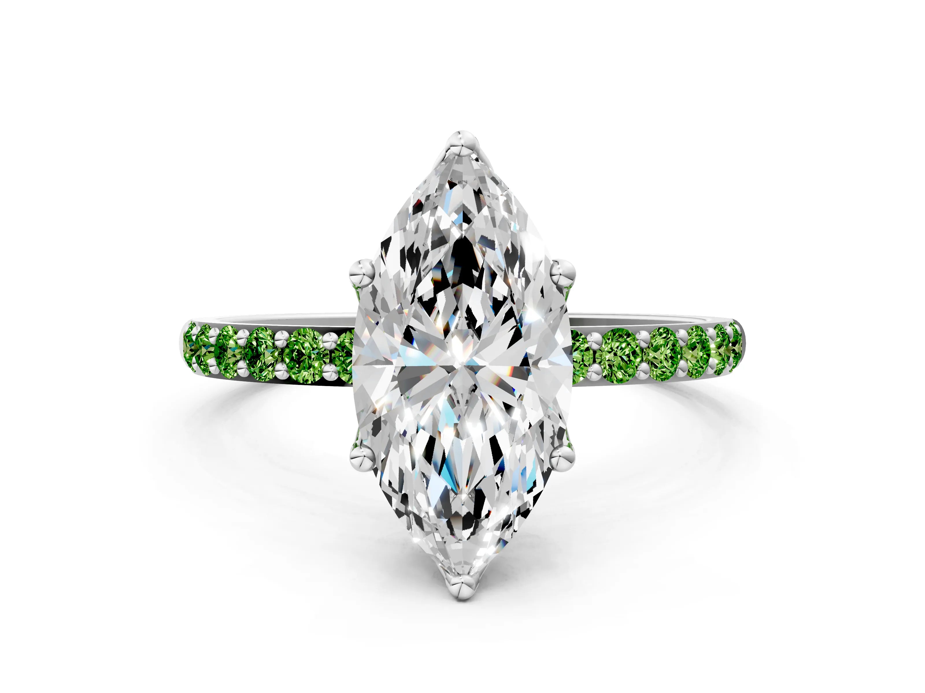 White gold Marquise Cut Diamond Solitaire Engagement Ring with Round with Peridot side stone Pavé Band and Prong Setting