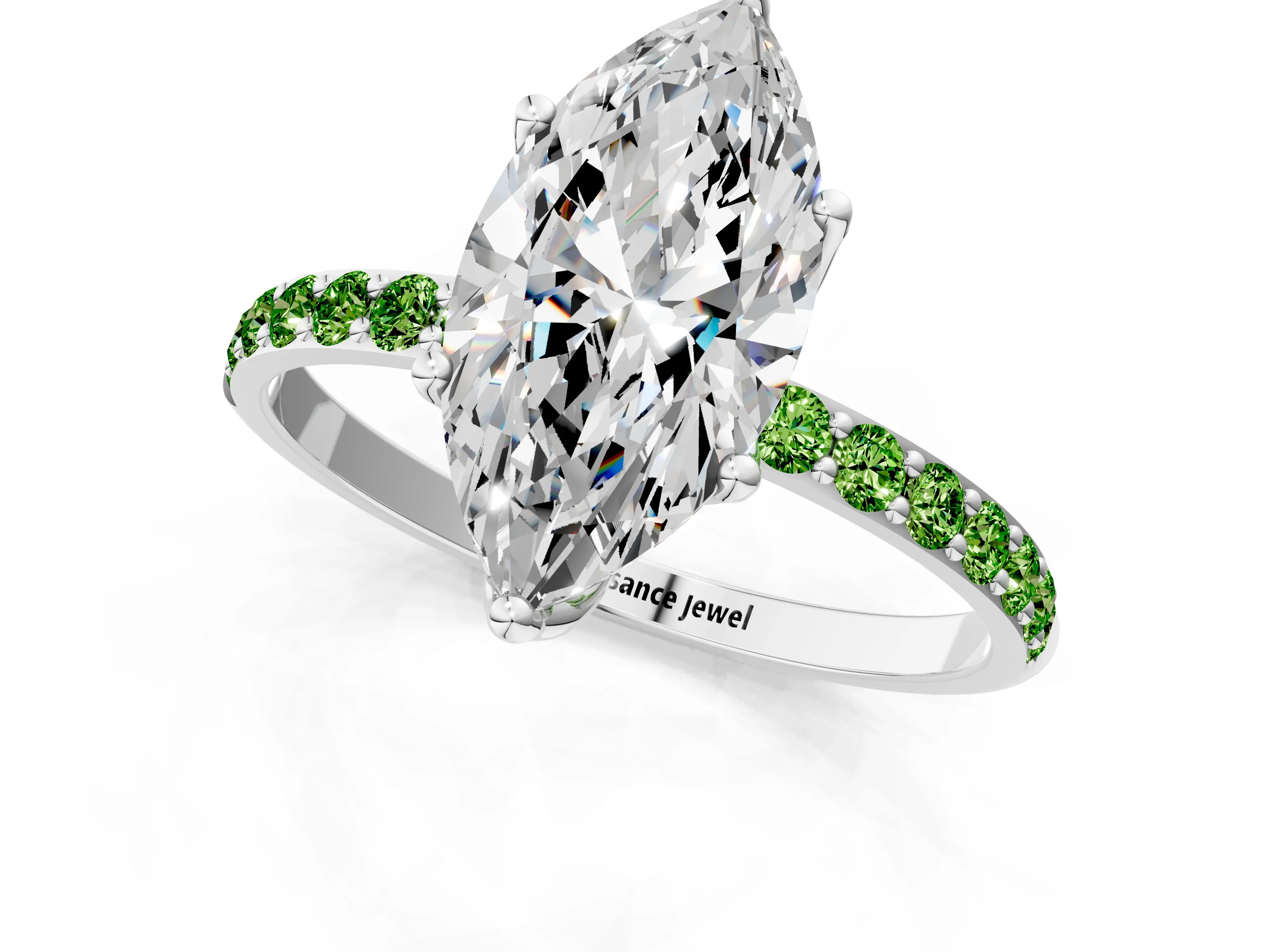 White gold Marquise Cut Diamond Solitaire Engagement Ring with Round with Peridot side stone Pavé Band and Prong Setting_13
